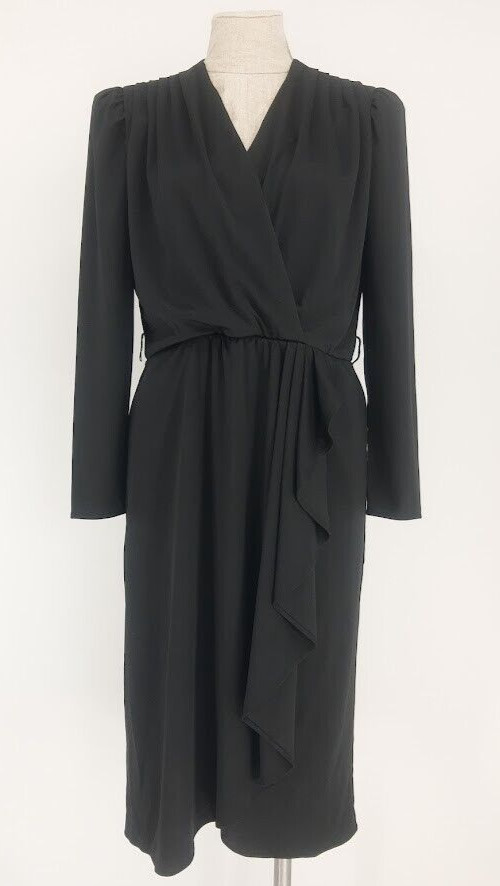 Vintage Alison Peters Black Wrap Ruffle Dress Size Classic Little Black Dress