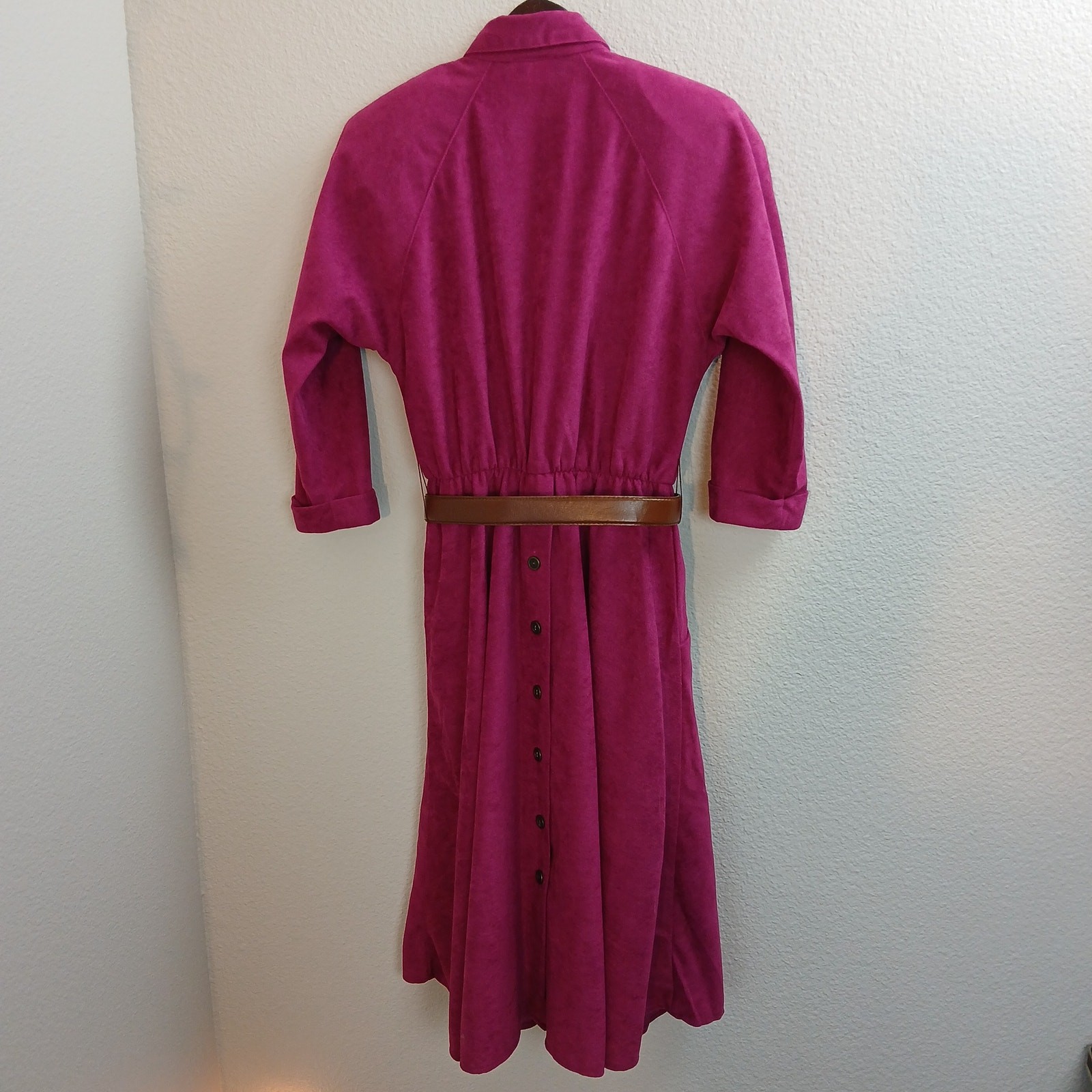 Vintage 80s S.L. Petites Magenta Suede Shirt Dress 6 needs repair pockets belted