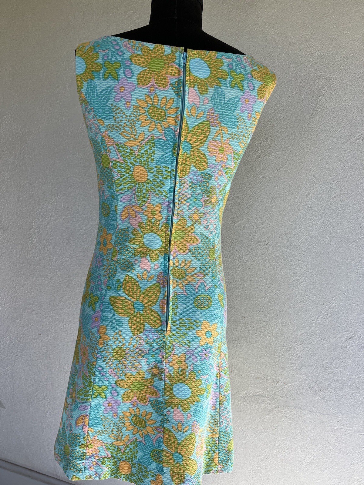 VTG 1960’s Green Pink Orange Damask Floral Shabby Chic Sun Mini Dress S M GREAT