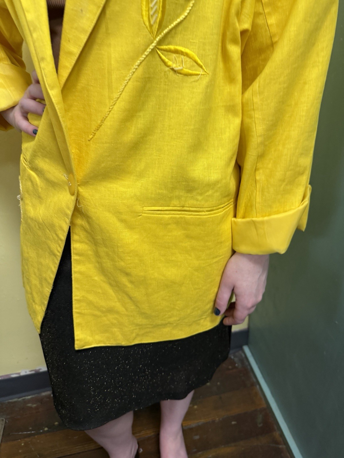Vintage 80s/90s Adolfo International Yellow Linen Blend Sequin & Beaded Blazer M
