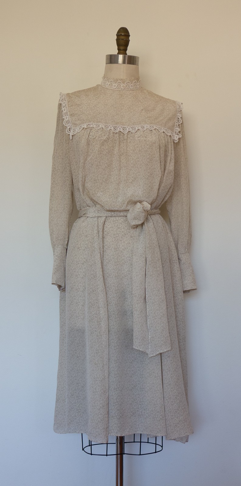 Vtg Jessica Mclintock Ditsy Silk Chiffon Midi Dress Lace Trim W’s M Grey