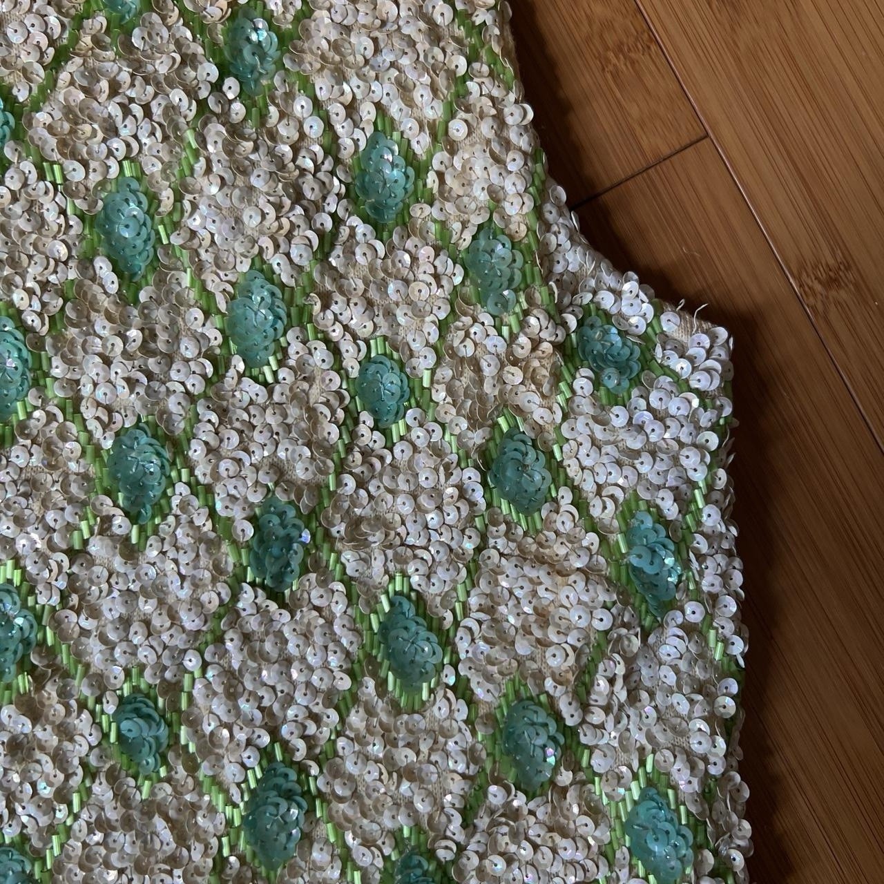 Vintage 60s Ivory + Green Sequined Embellished Sleeveless Top