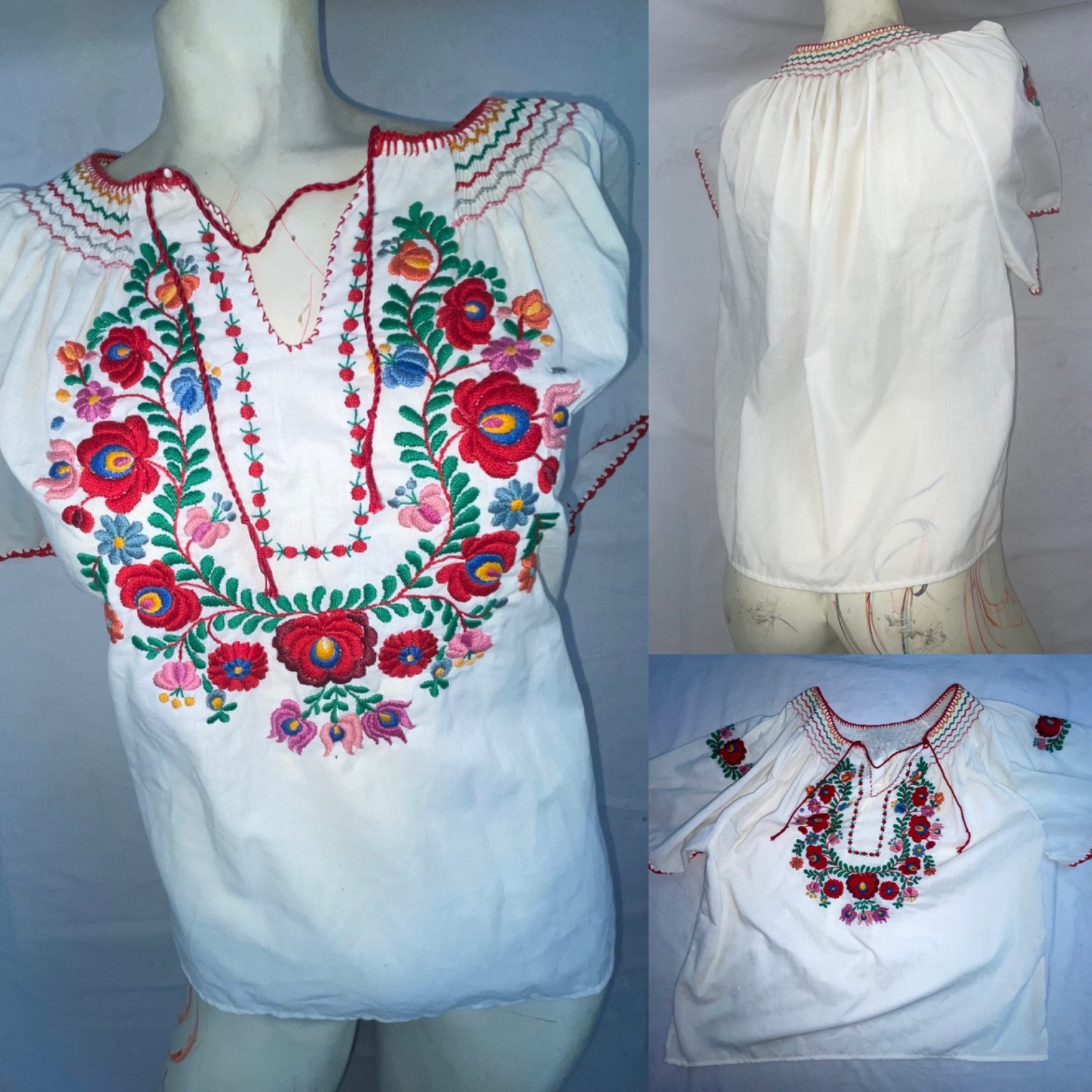 VTG 60S 70S WOMENS FLOWER EMBROIDERED FESTIVAL PRARIE BOHO HIPPY TUNIC SHIRT
