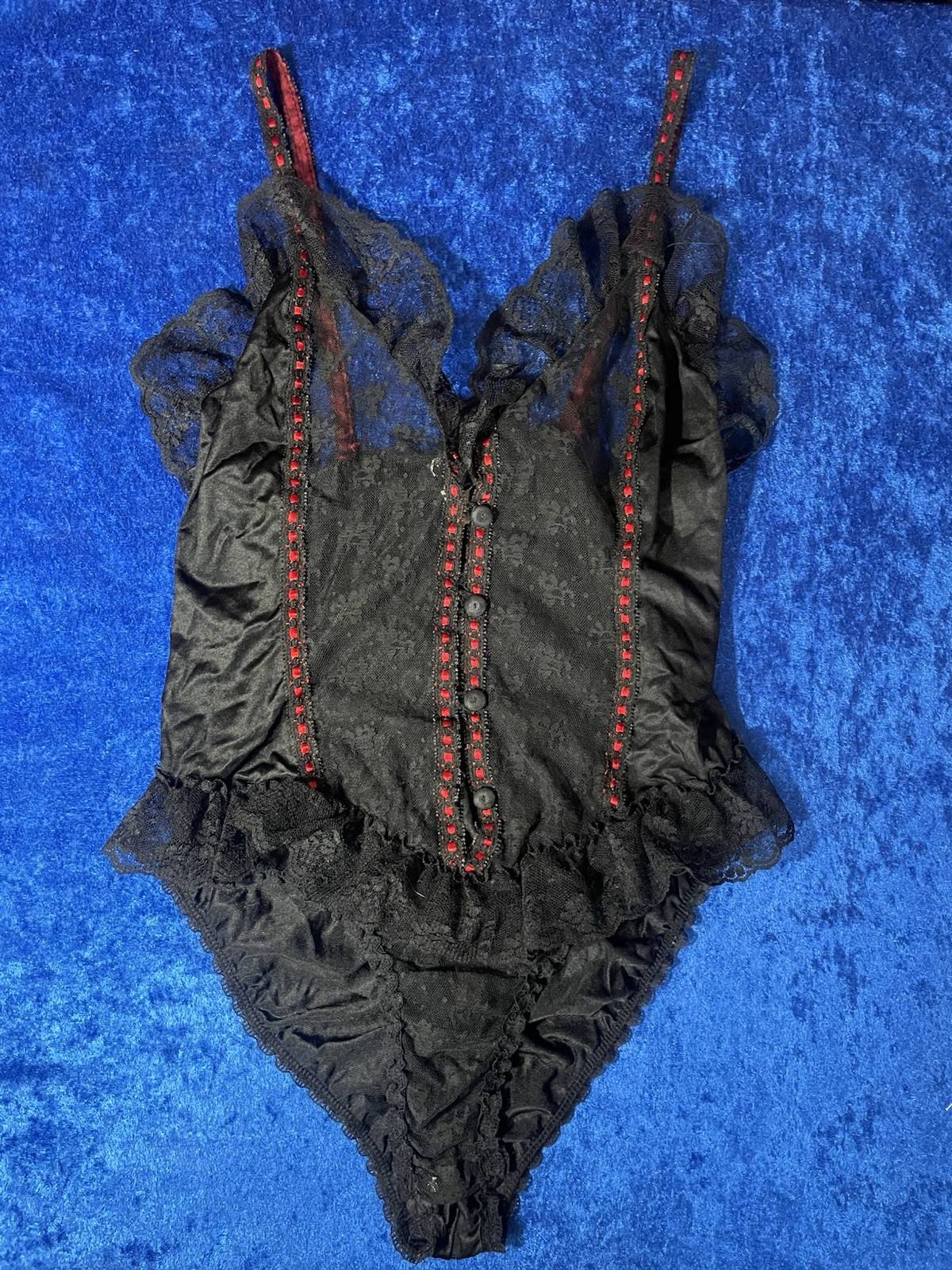 Vintage JCPenney Lingerie Black Lace Mesh Teddy Bodysuit Frilly Sissy Medium