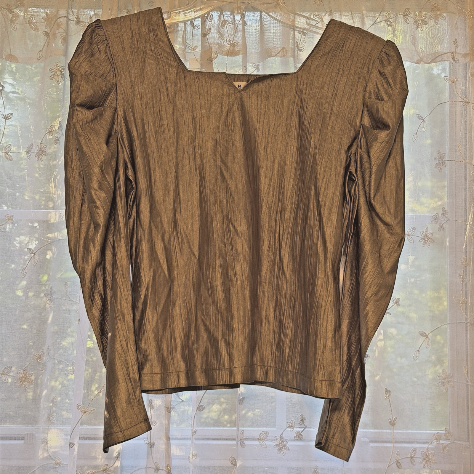 Vintage 90s Made in Japan CREA Bronze Gold Micro Pleated Metallic Top Blouse S/M