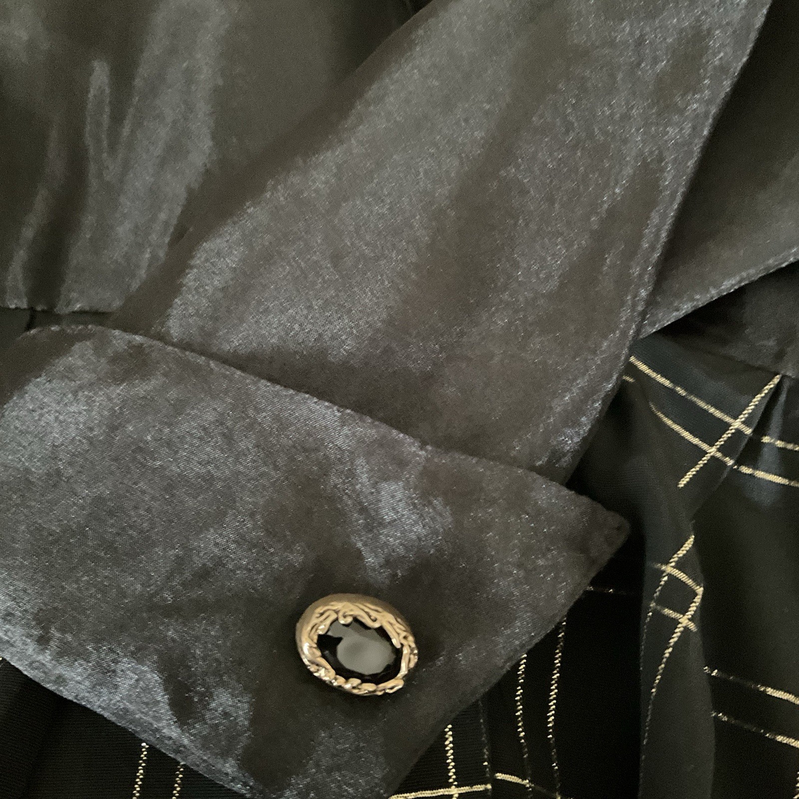 80’s Vintage Leslie Fay 6P Dress Black Gold Plaid Sheer Sleeve Cocktail Goth
