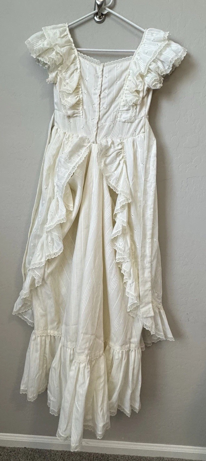 Vtg 70s Ivory Wedding Dress Prairie Cottage Core Peasant Bonnet Hat Veil Trek