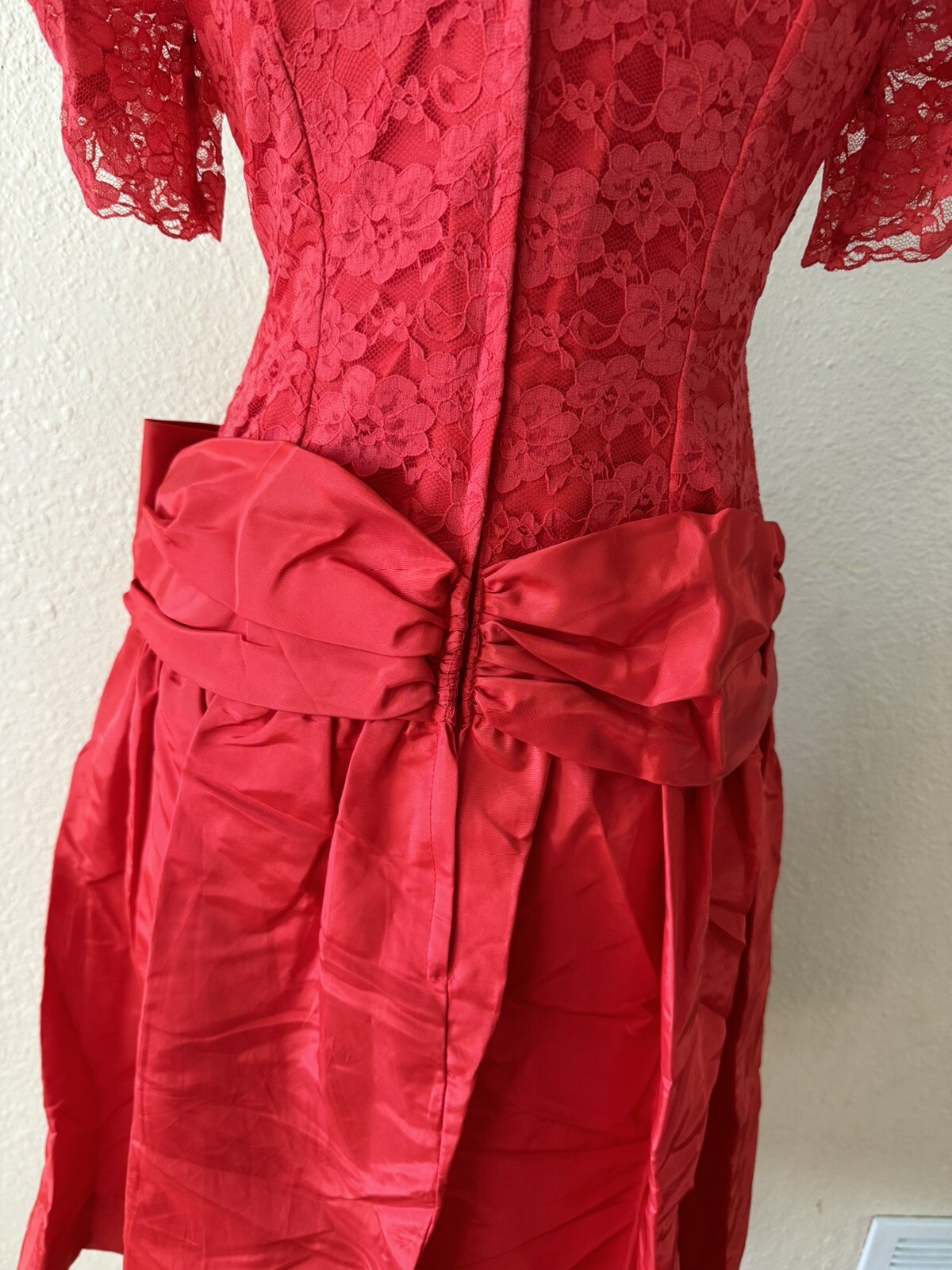 Vintage 80’s Red Lace Prom Dress Lydia Beetlejuice Size M Bow Rhinestone
