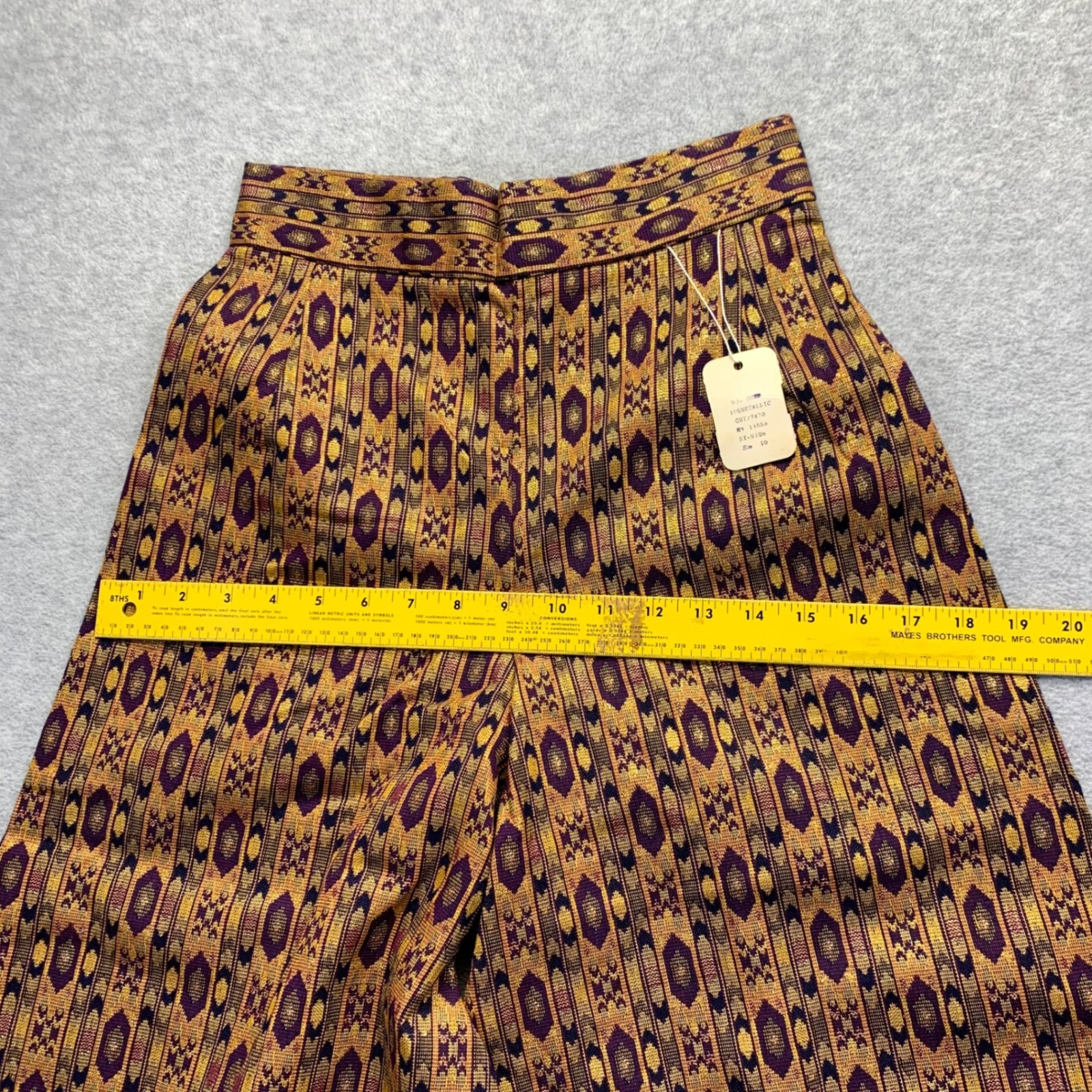 Vintage BSAC ILGWU Wide Leg Palazzo Pants Purple Gold Metallic Ikat Print Sz 10