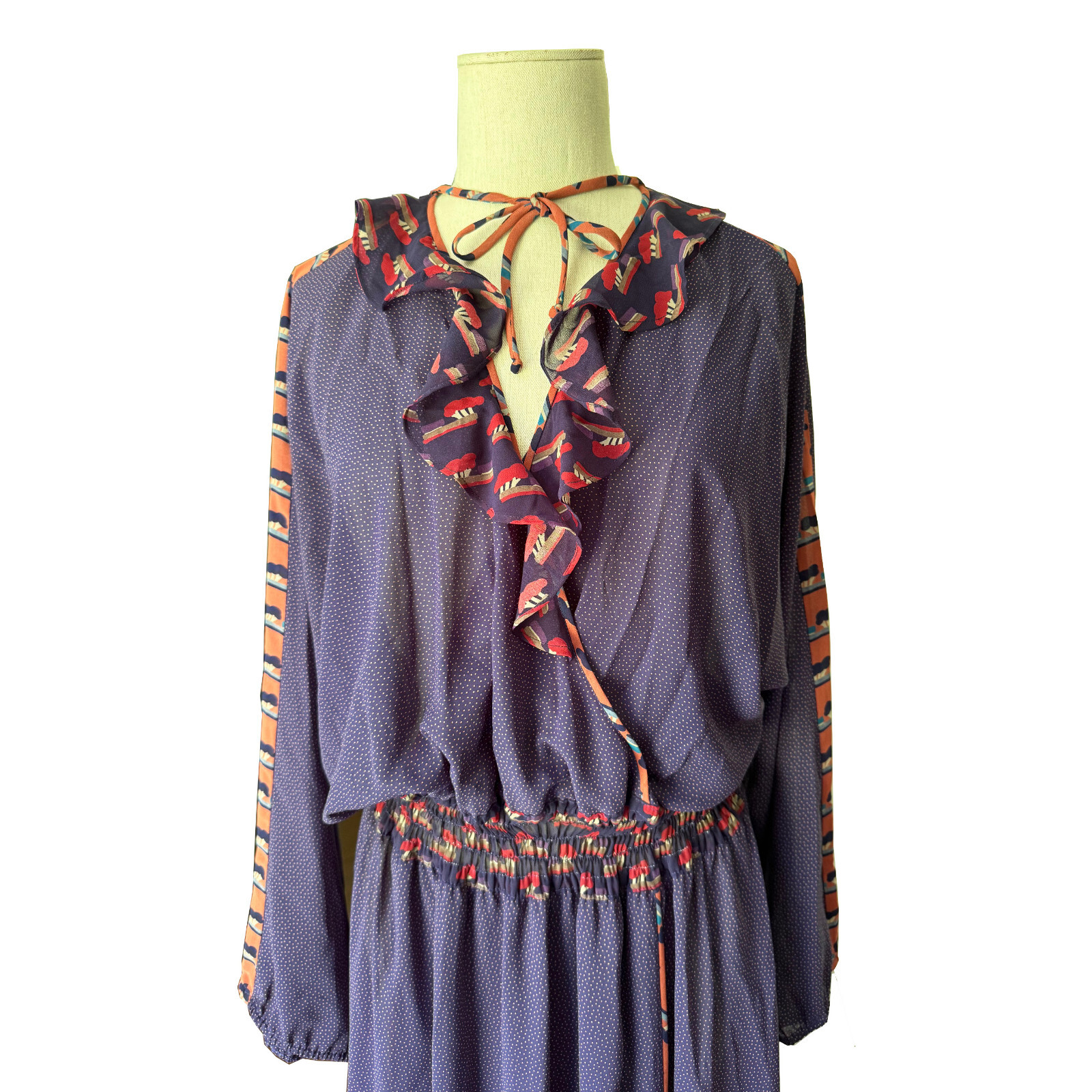 DIANE FREIS Vintage Blouson Dress Georgette Faux Wrap Prints Ruffle Accents O/S