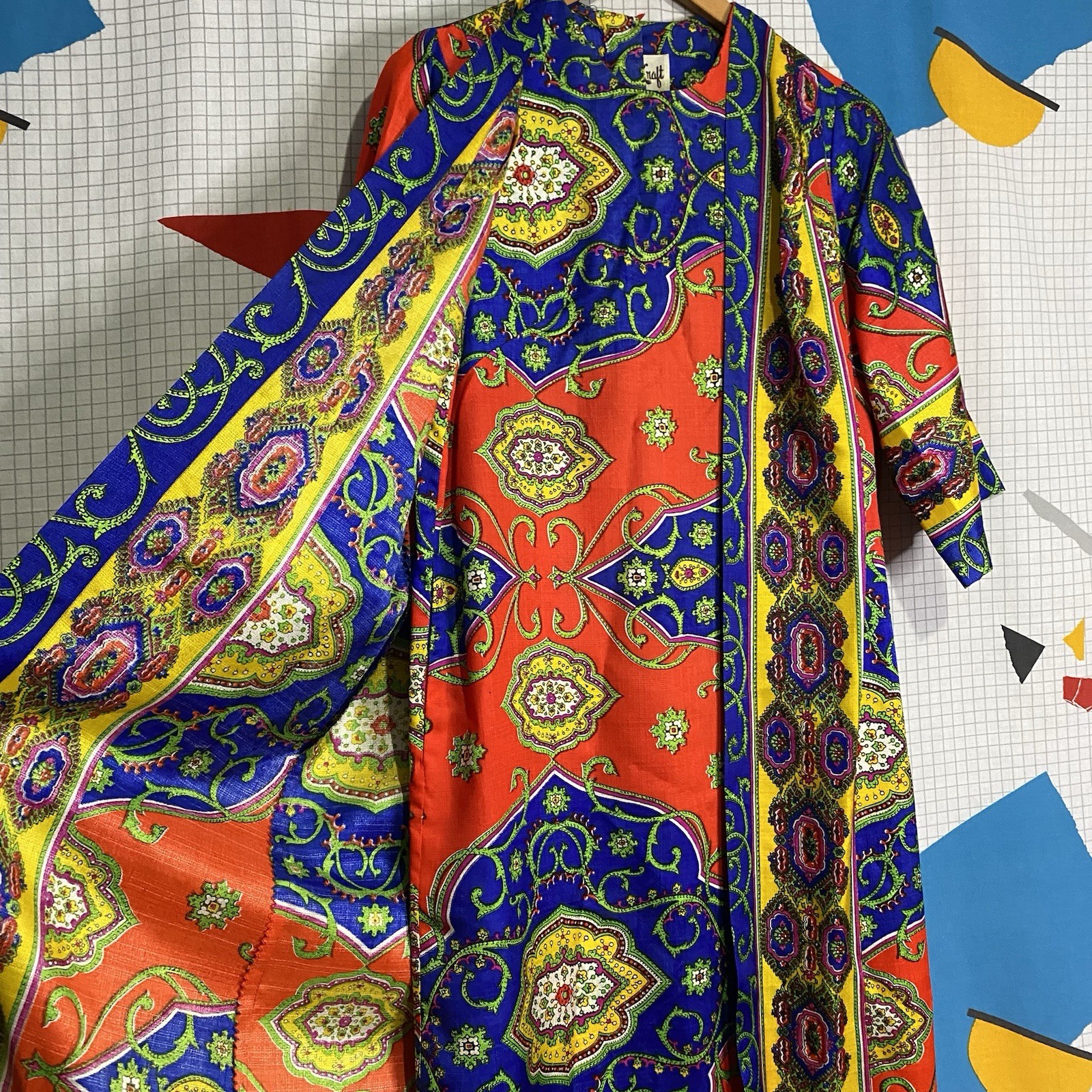 Vintage 60s Pyschedelic Kaftan Dress Small Wrap Hippie Boho Paisley Mod 70s