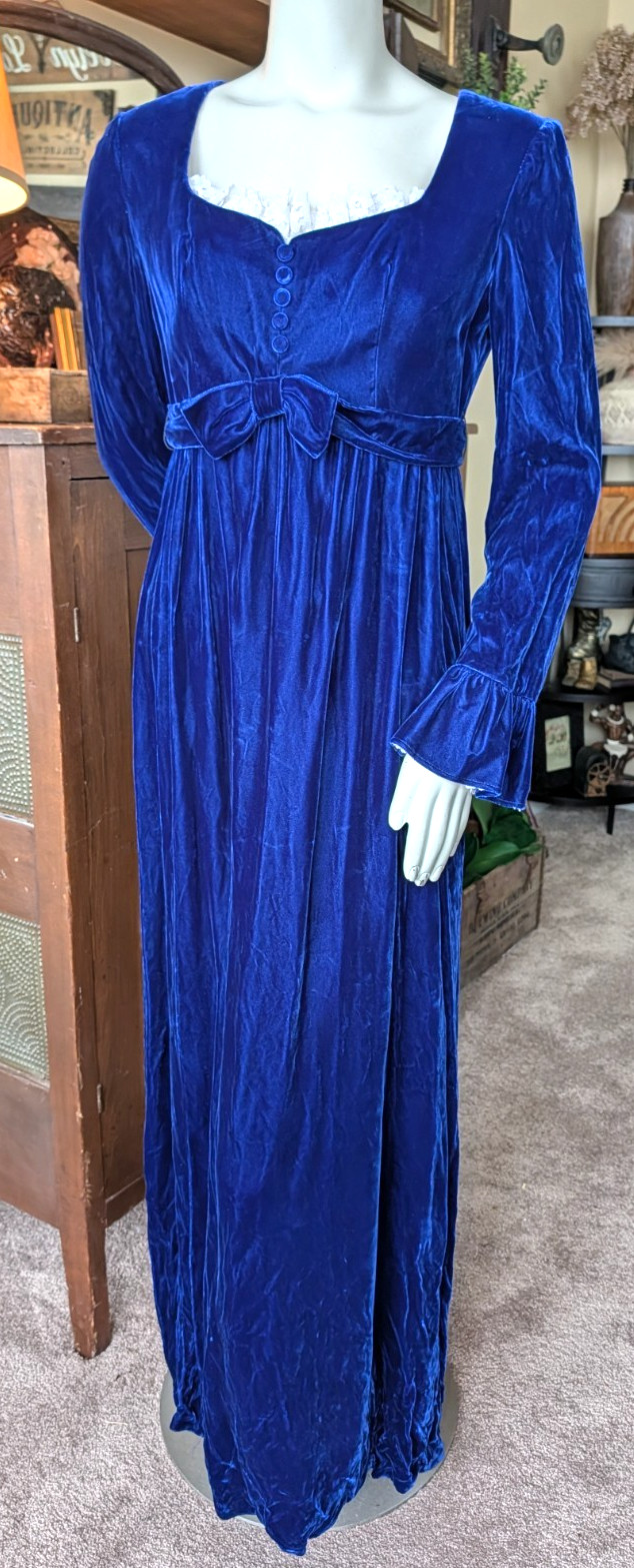 Vtg 13/14 Lorrie & Deb crushed velvet midnight blue Maxi Dress Prairie 60s 70s
