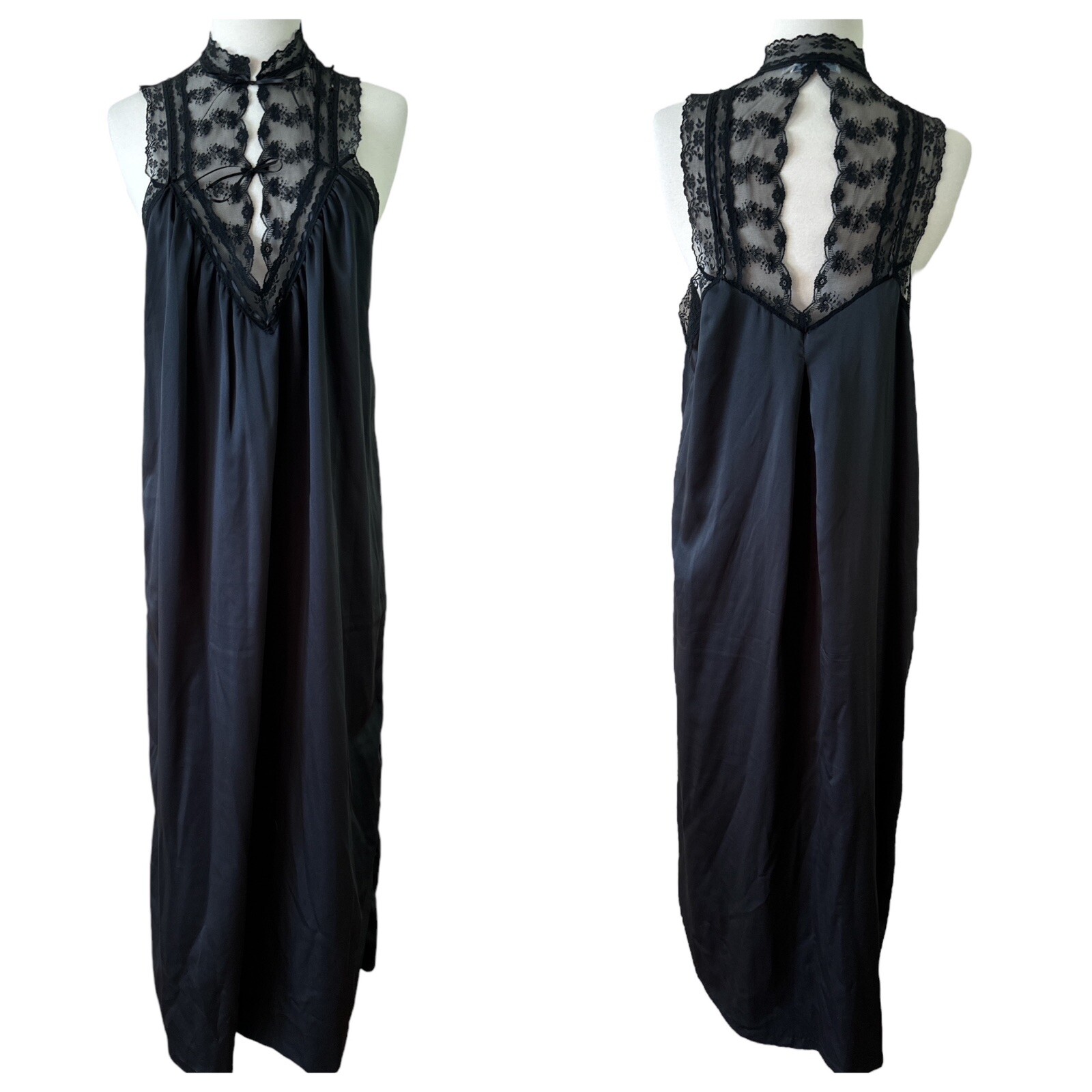 Vintage Bert Yelin For Iris Black Long Nighty Dress Lace Sexy Goth Witchy M