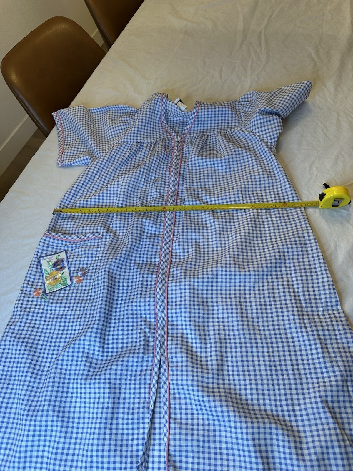 Vintage Crowntuft Housecoat Robe Dress Plaid Blue Full Zip Floral L Cottagecore