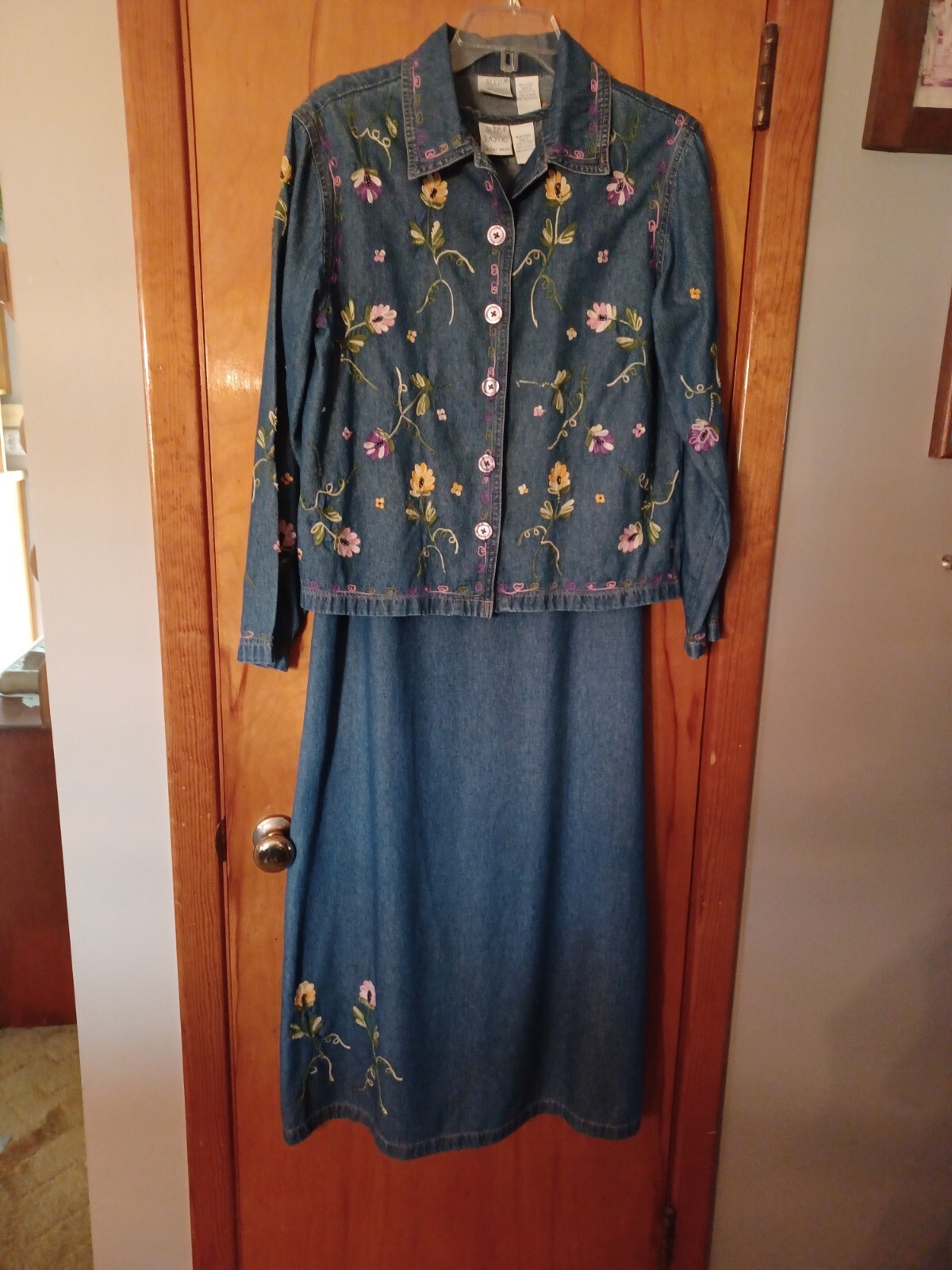 VTG Bleu Bayou Beaded Embroidery Denim Jacket/Maxi Sleeveless Dress Jumper S