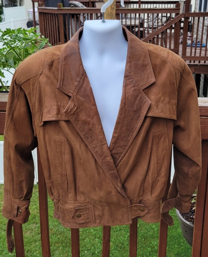 VTG 80s Maggie Lawrence Brown Leather Pleated Snap Up Jacket Sz Med (oversized)