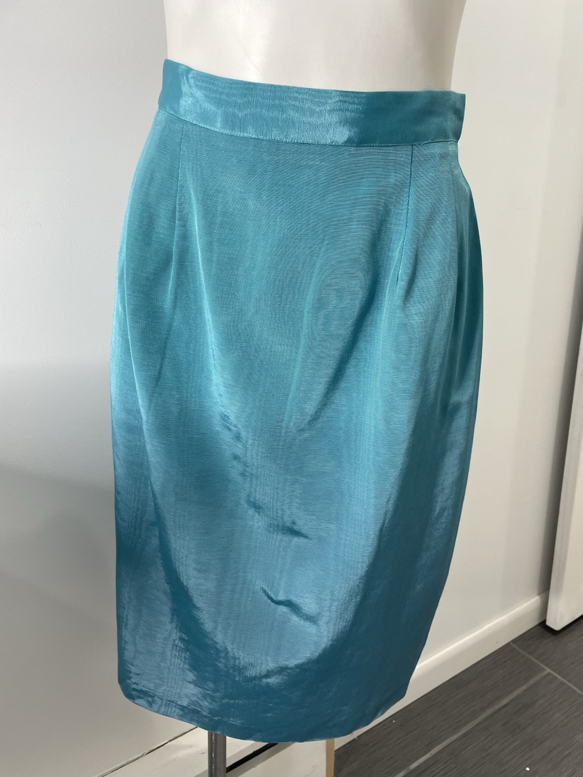 Vtg Evenings by Pantagis 80s Dress Blue Moire Rhinestone Bow Peplum Top Skirt