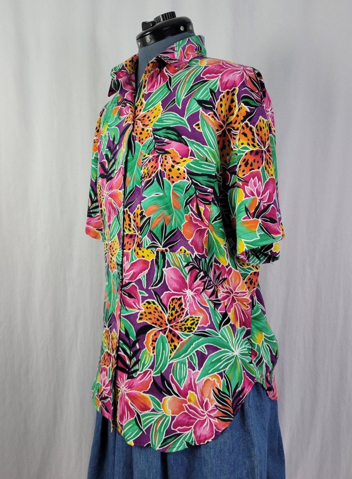 Vintage American Weekend Purp/Pink/Yell/Orange/Green Tropical Floral Top Size M