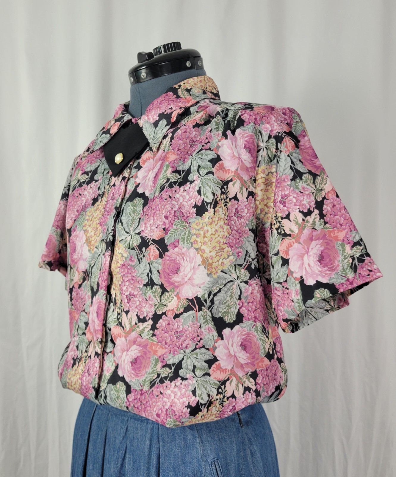 Vintage Copy Cats Black & Pink Floral S/S Blouse w Accent Collar Size 12