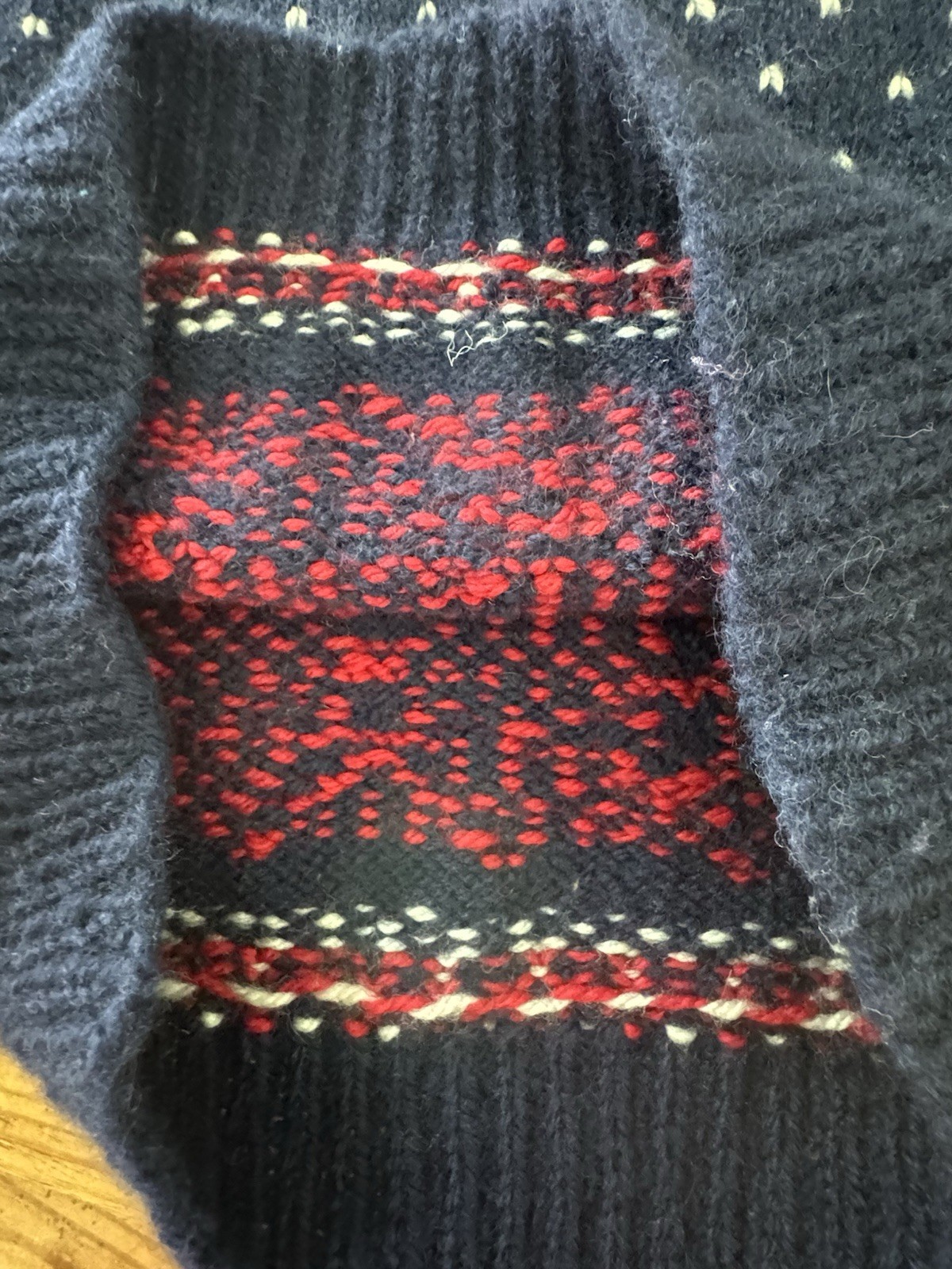 Vintage Norwegian Hand Knit 100% Wool Navy Red Pullover Sweater Sz S