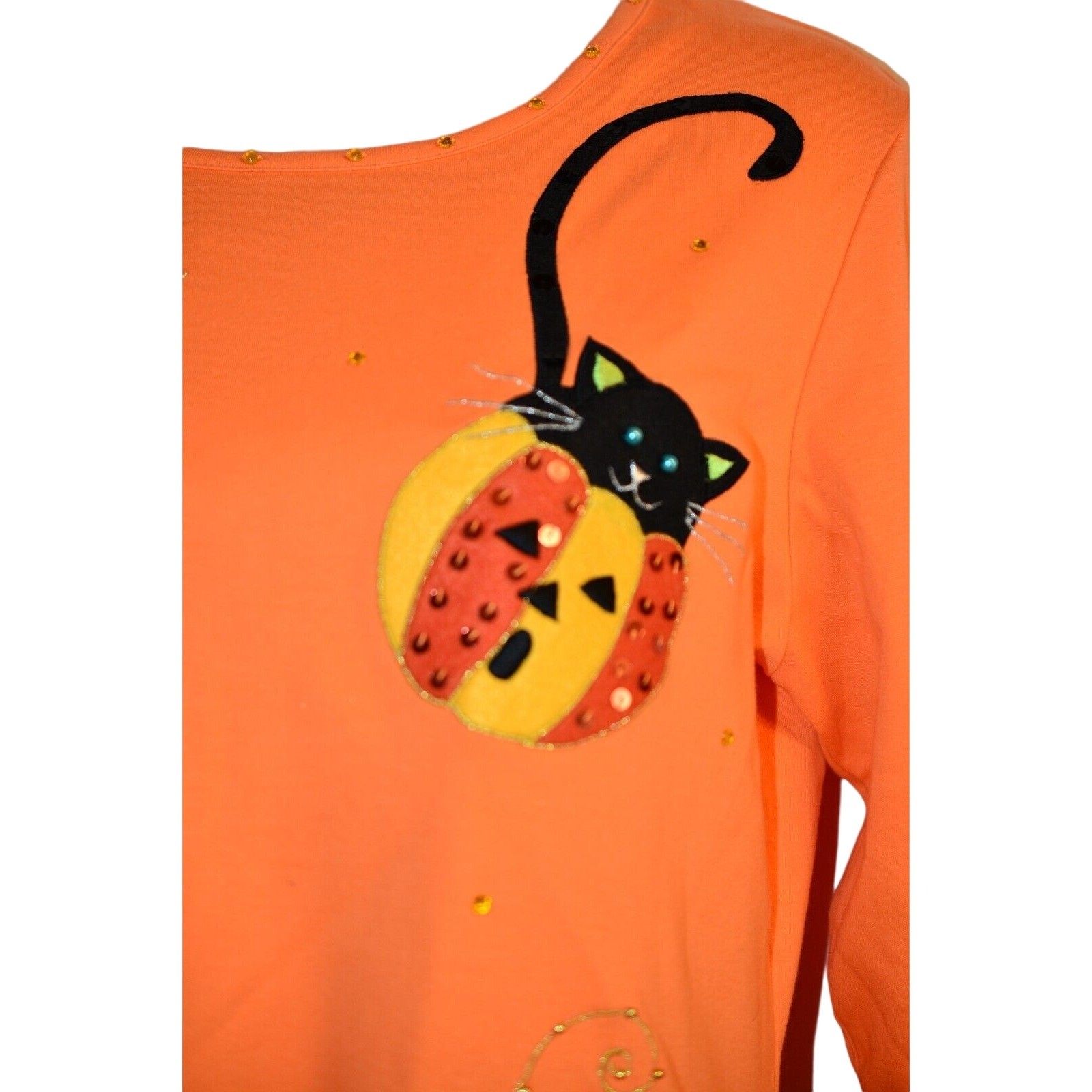 Jack B. Quick M Top Halloween Black Cat Pumpkin Orange Sequin 100% Cotton