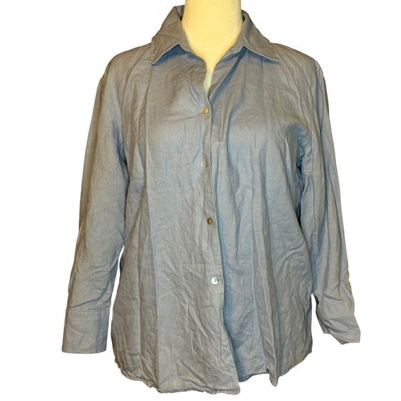 Edward Womens Irish Linen Coastal Grandmother Button Down Shirt Blue XL Beach