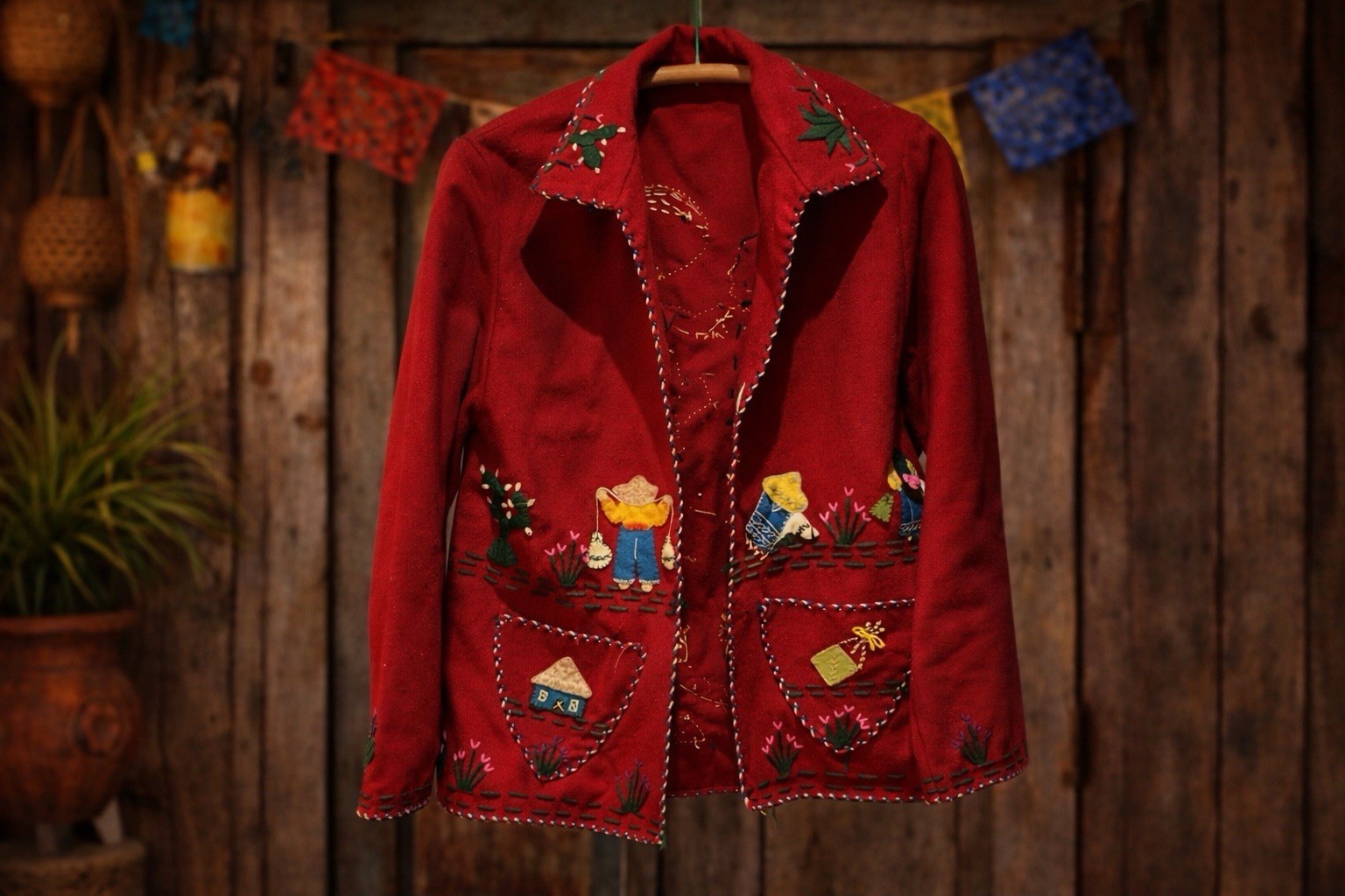 Vintage 1950s Mexican Hand Embroidered Red Wool Folk Art Jacket