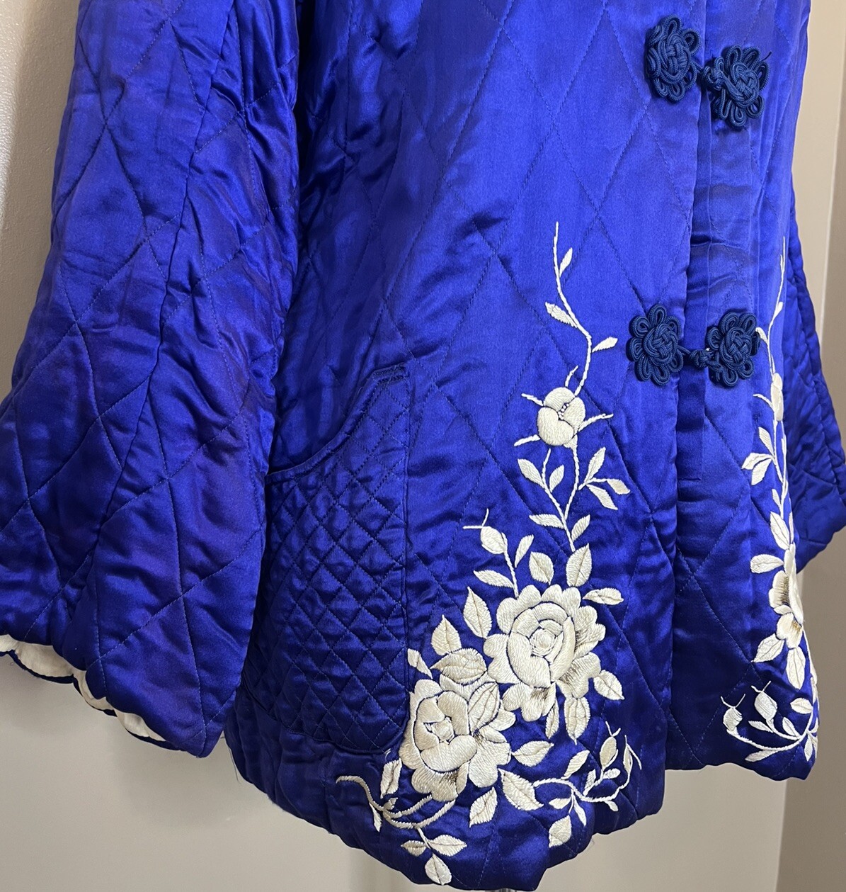 Vtg 50s Japan Quilted Jacket Lounge Set Embroidered Blue Satin Sun Bros Asian