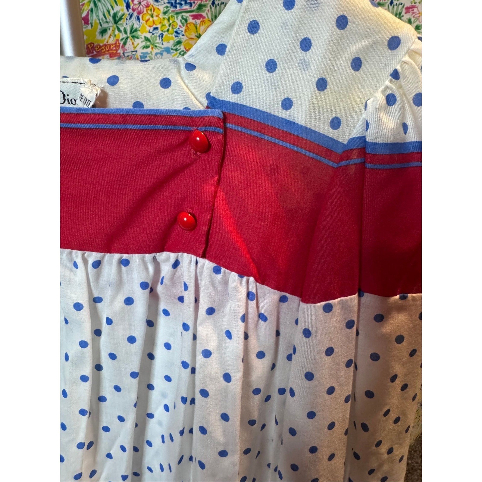 136 Christian Dior Vintage Polka Dot Maxi Nightgown Blue Pink White Pockets