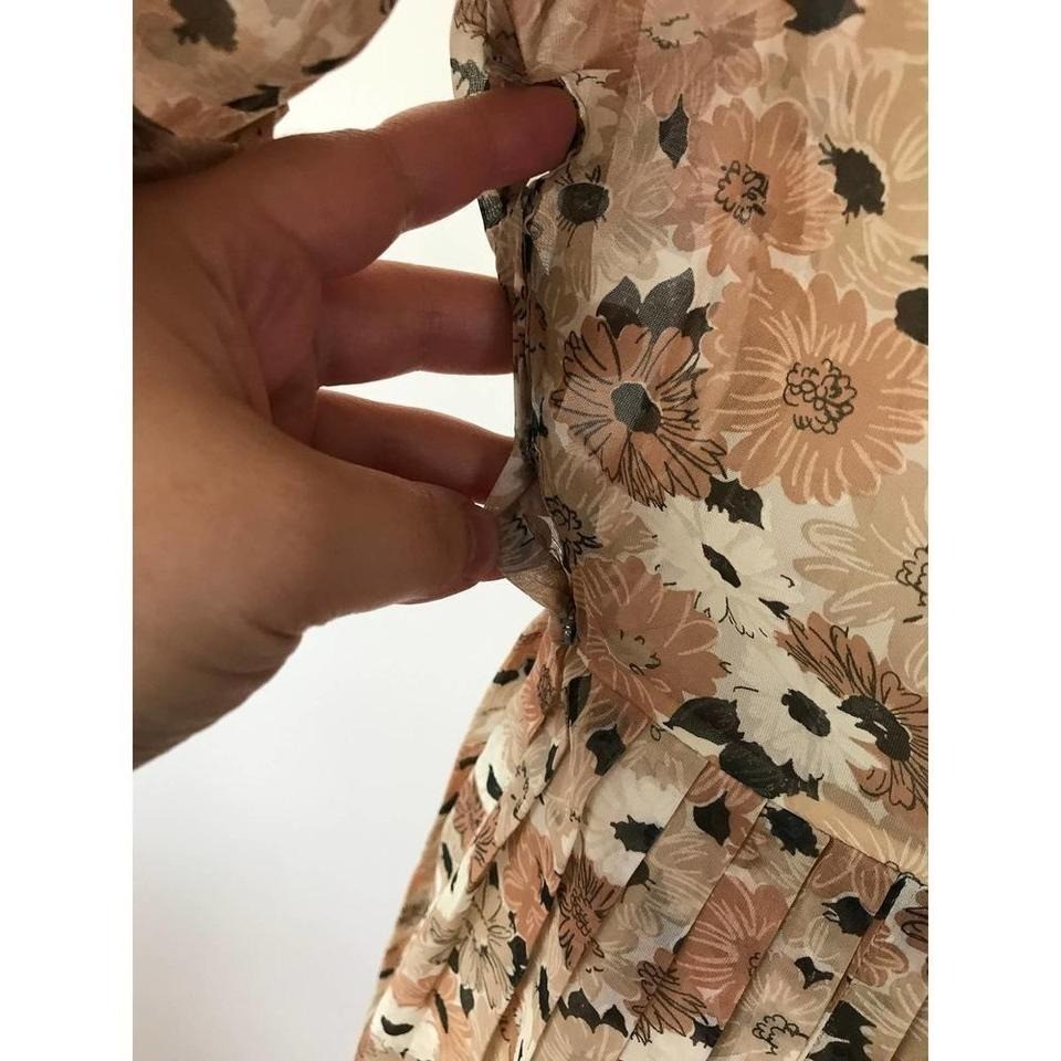 Vintage Floral Pleated Midi Dress Tan Brown Rhinestone Button Side Zip 1950s