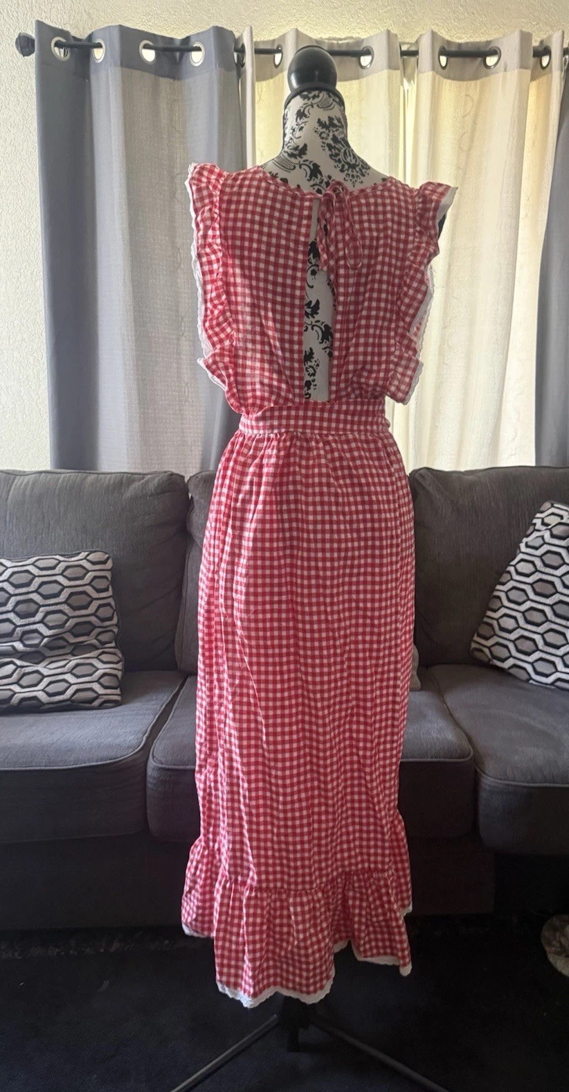 Vintage 70s Red White Checkered Apron Bib Dress