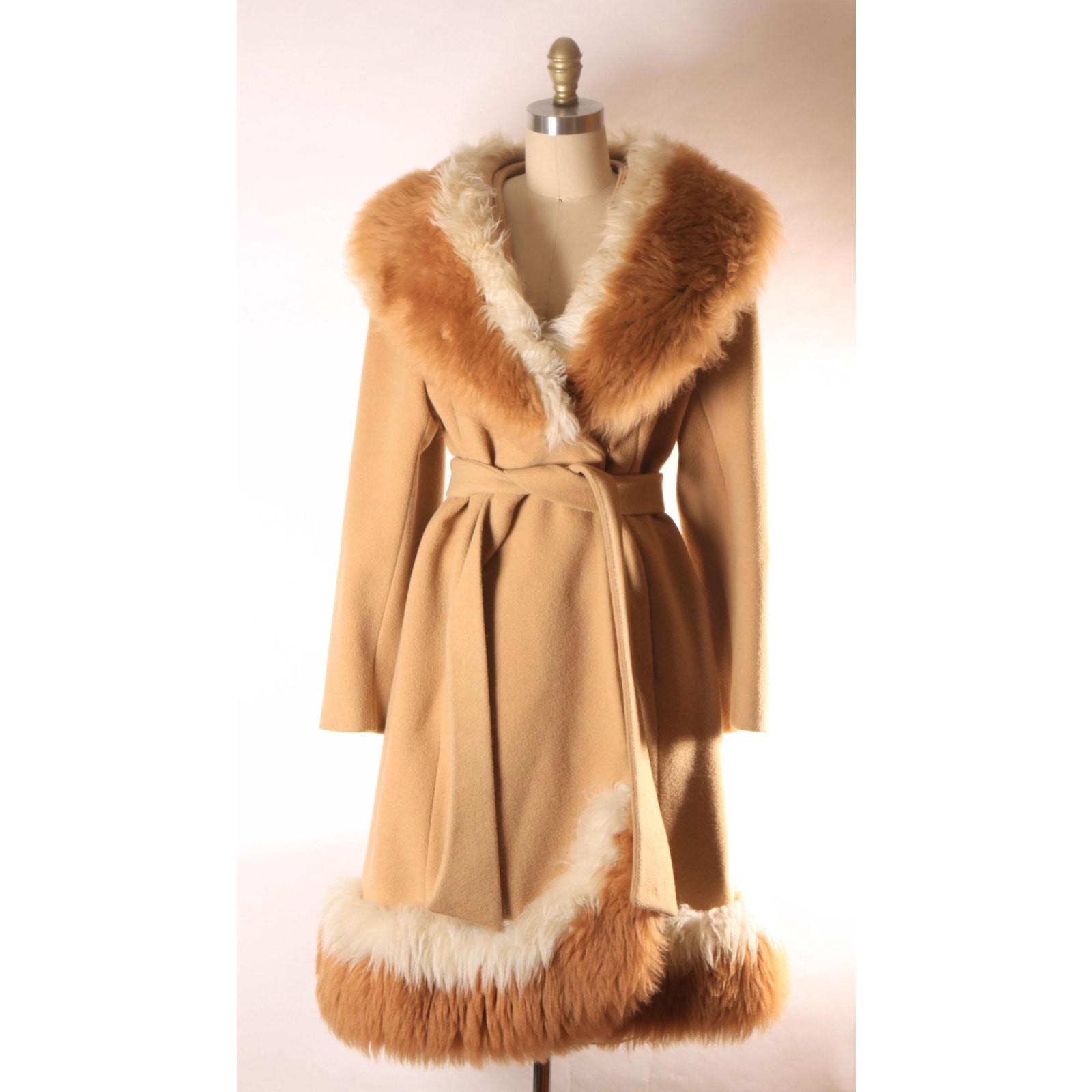 Early 1960s Brown and Cream Shearling Fur Trim Princess Coat by Youthcraft