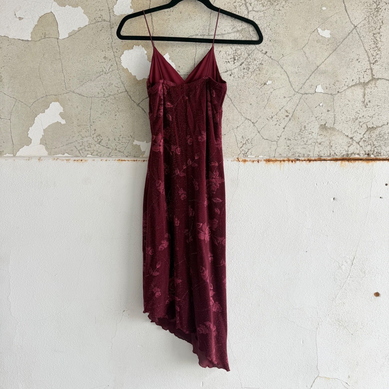 Vtg 90s Midi Dress Floral Asymmetrical Burgundy Glitter My Michelle S USA Made