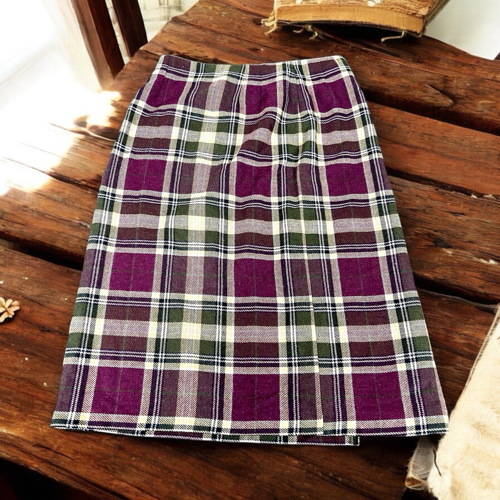 Vintage David Hollis Women’s Skirt Size 14 Petite Purple Stripe Plaid Wool Blend