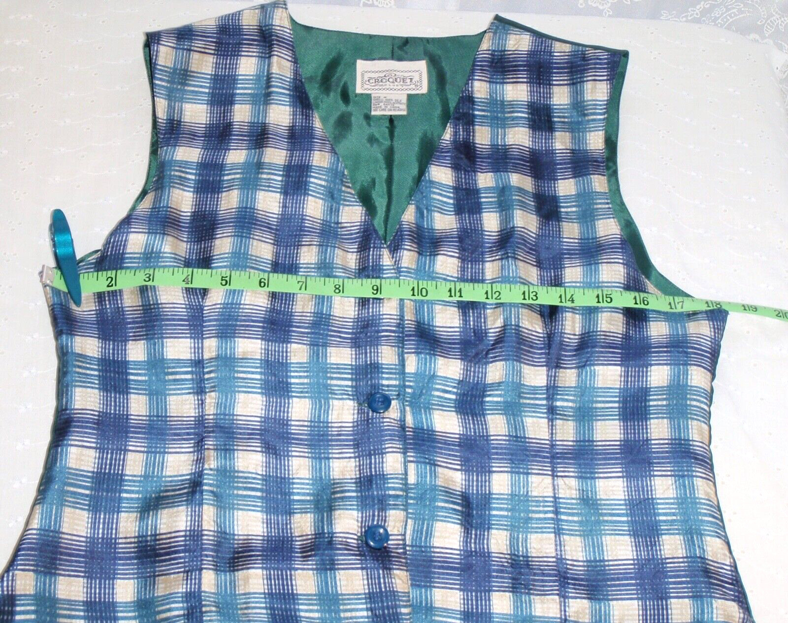 VTG Croquet Club Medium 100% Silk Woman Vest Checkered Blue White Tan Green