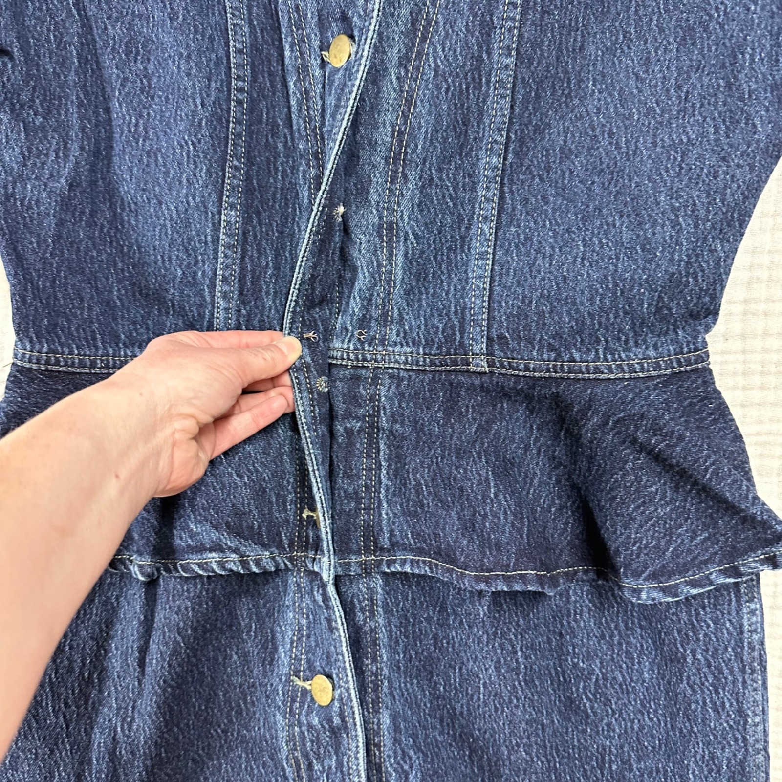 Betsy’s Things 90s VTG Denim Peplum Button Front Midi Dress Dark Wash Blue Sz 7