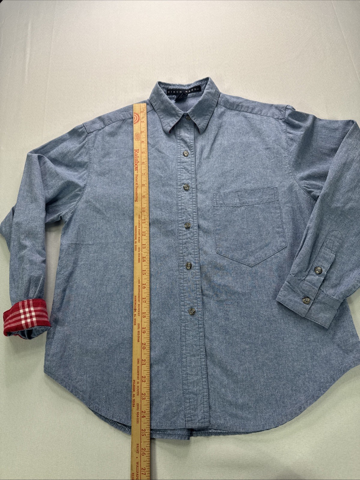 Vintage 90s Birch Bros Chambray Shirt Medium Made in USA Plaid Contrast Petite