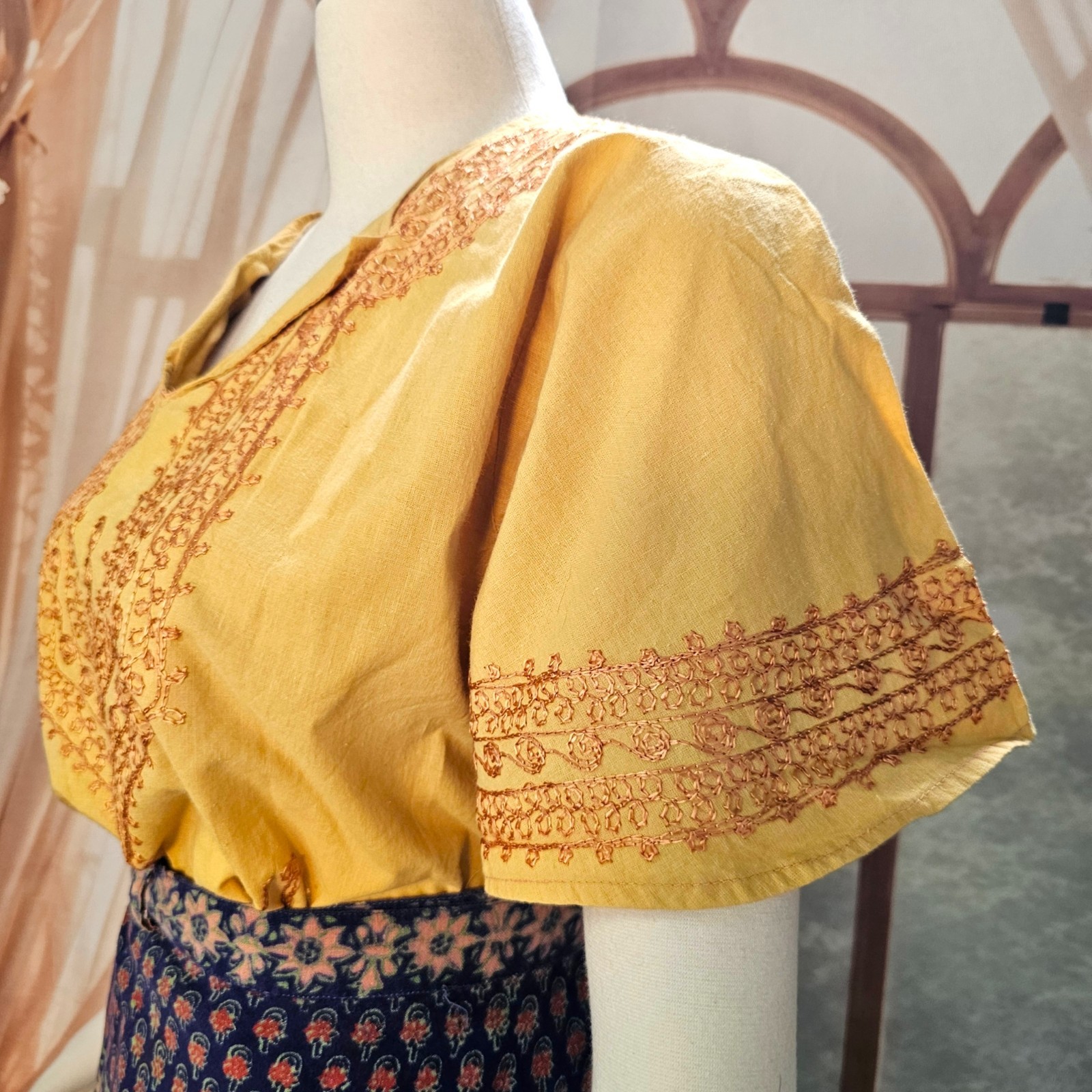 Vintage 1970s Blouse Top Shirt Mustard Yellow Embroidered India Short Sleeve