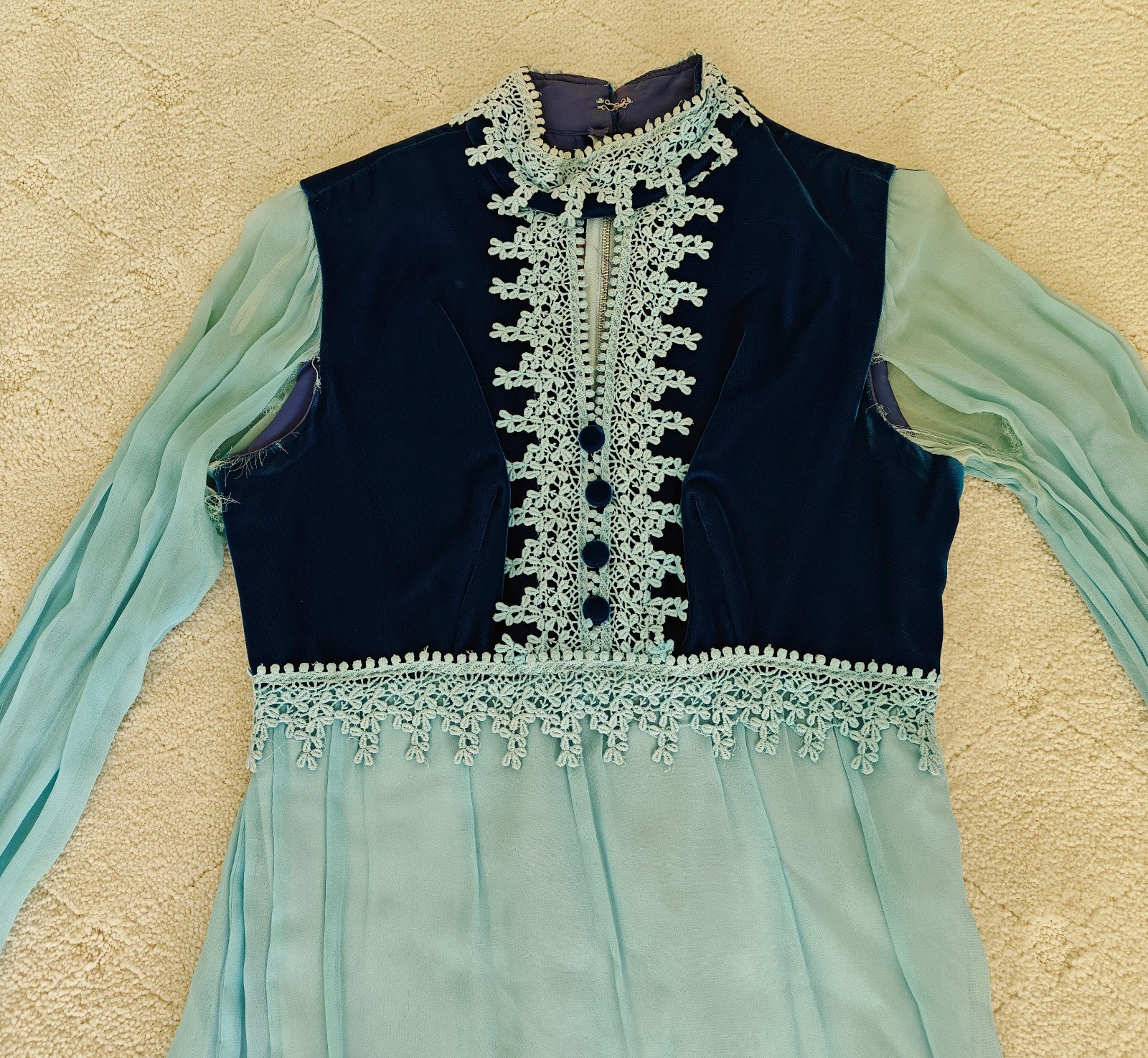 Vintage Navy Blue Velvet Bodice Lace Trim Maxi Dress w Chiffon Sleeves Skirt As