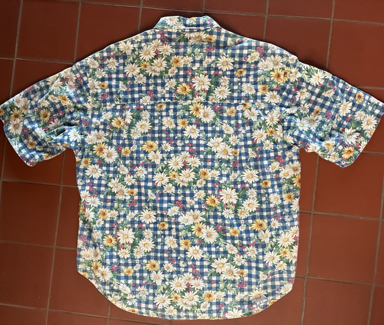 Vintage 80s Andrew McMullan Gingham Daisy Print Button Up Short Sleeve M USA