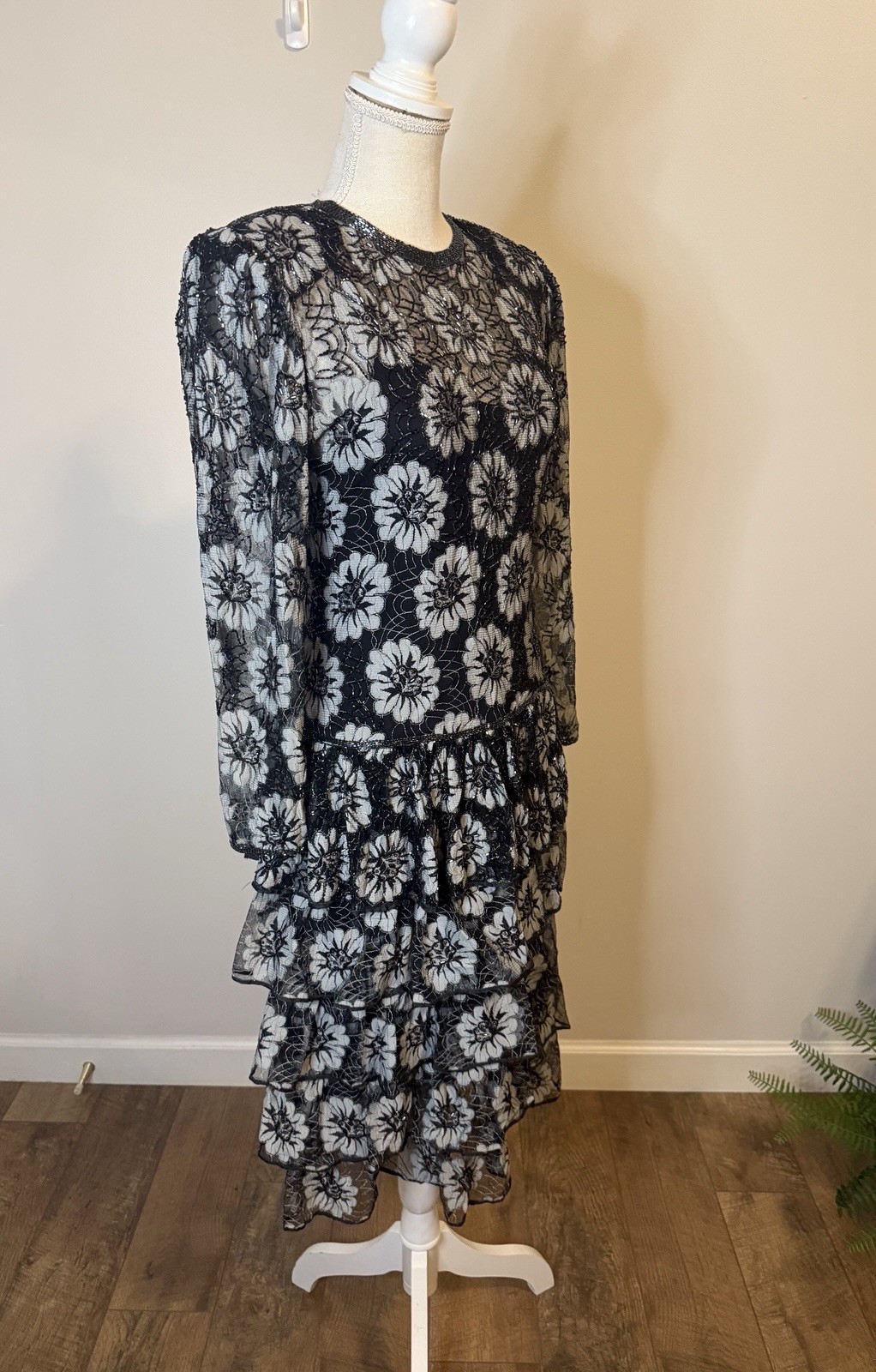 Vintage Judith Ann Creations Beaded Long Sleeve Ruffled Dress Floral Sz S
