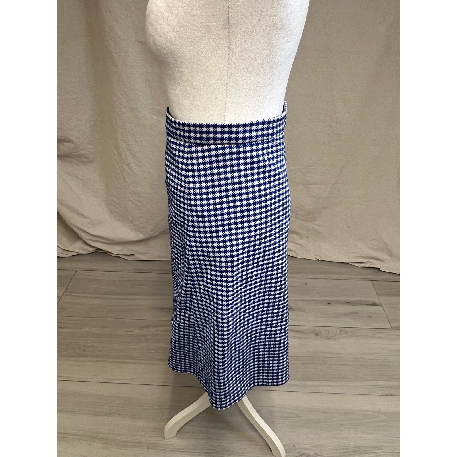 Vintage Houndstooth Midi Skirt Blue White A-Line High Waist Mod Retro 60s Preppy