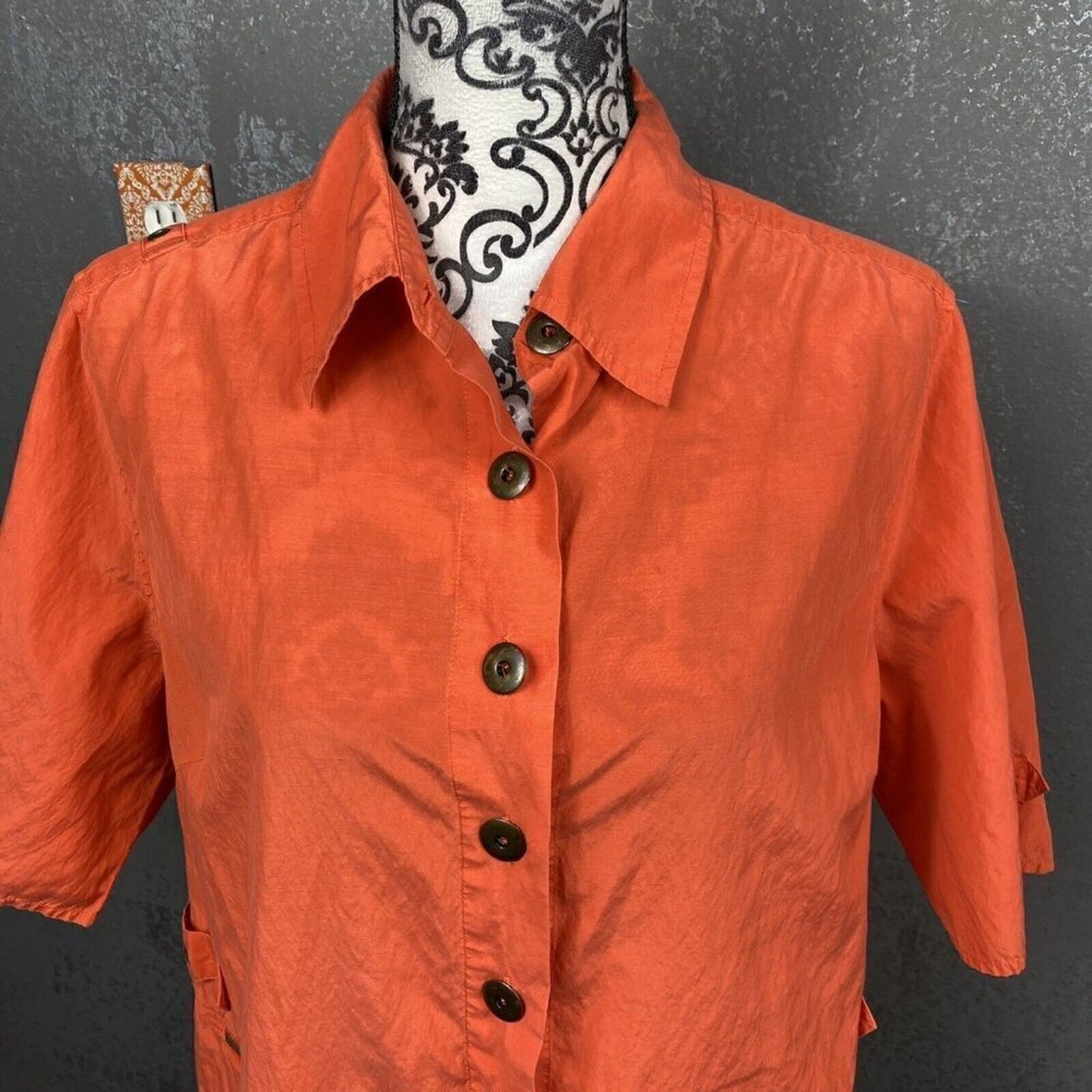 Alain Weiz Vintage Salmon Silk Blend Safari Button-Up Shirt Sz 14 Coral Utility