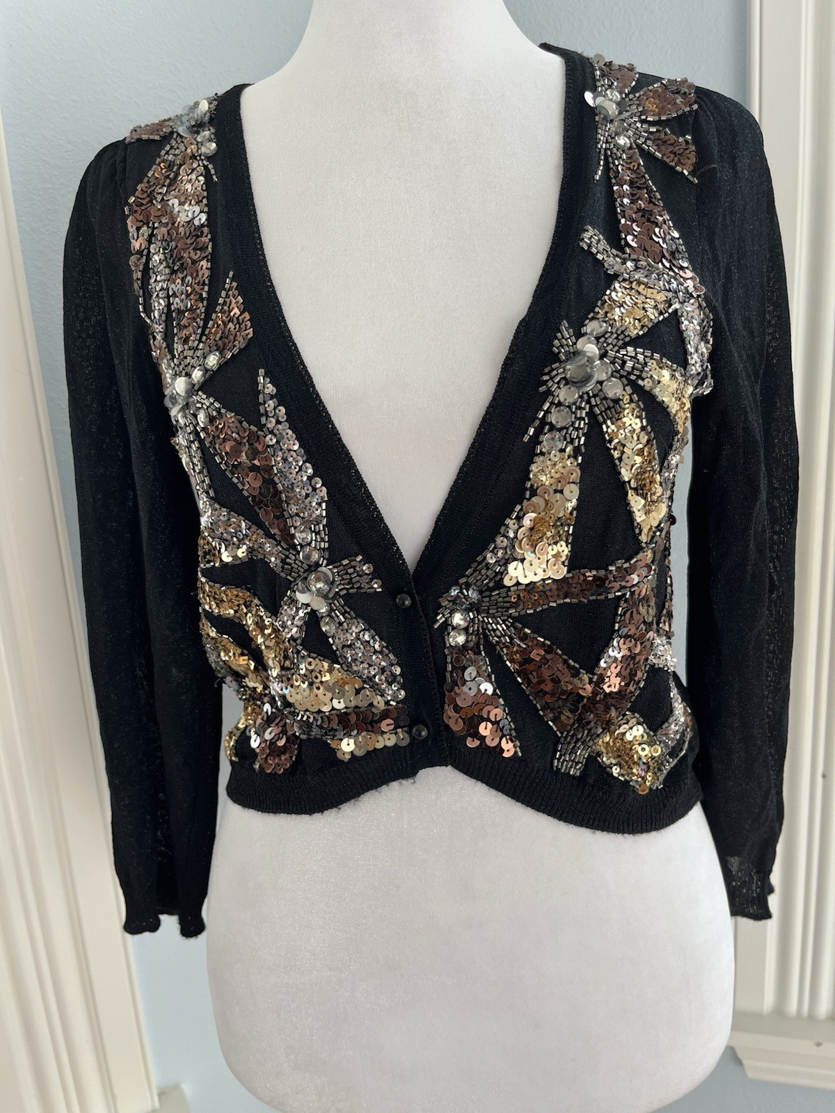 Sequin Beaded Sheer Black Gold Cardigan Sweater Pin-up Evening 80’s XS S Cropped