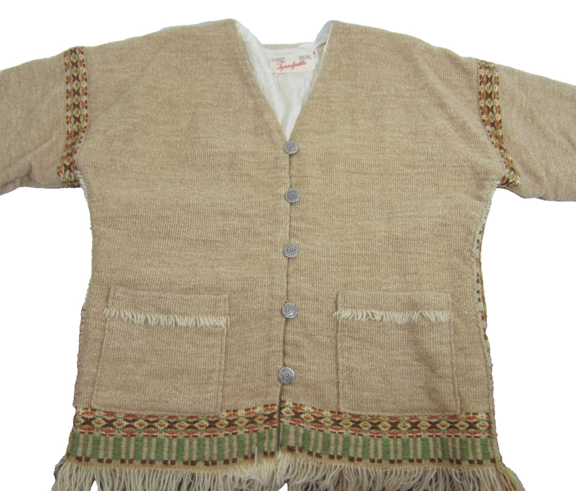 Norwegian VTG 60s Rural Folk Wool Cardigan Jacket Sweater Women Fringe MED