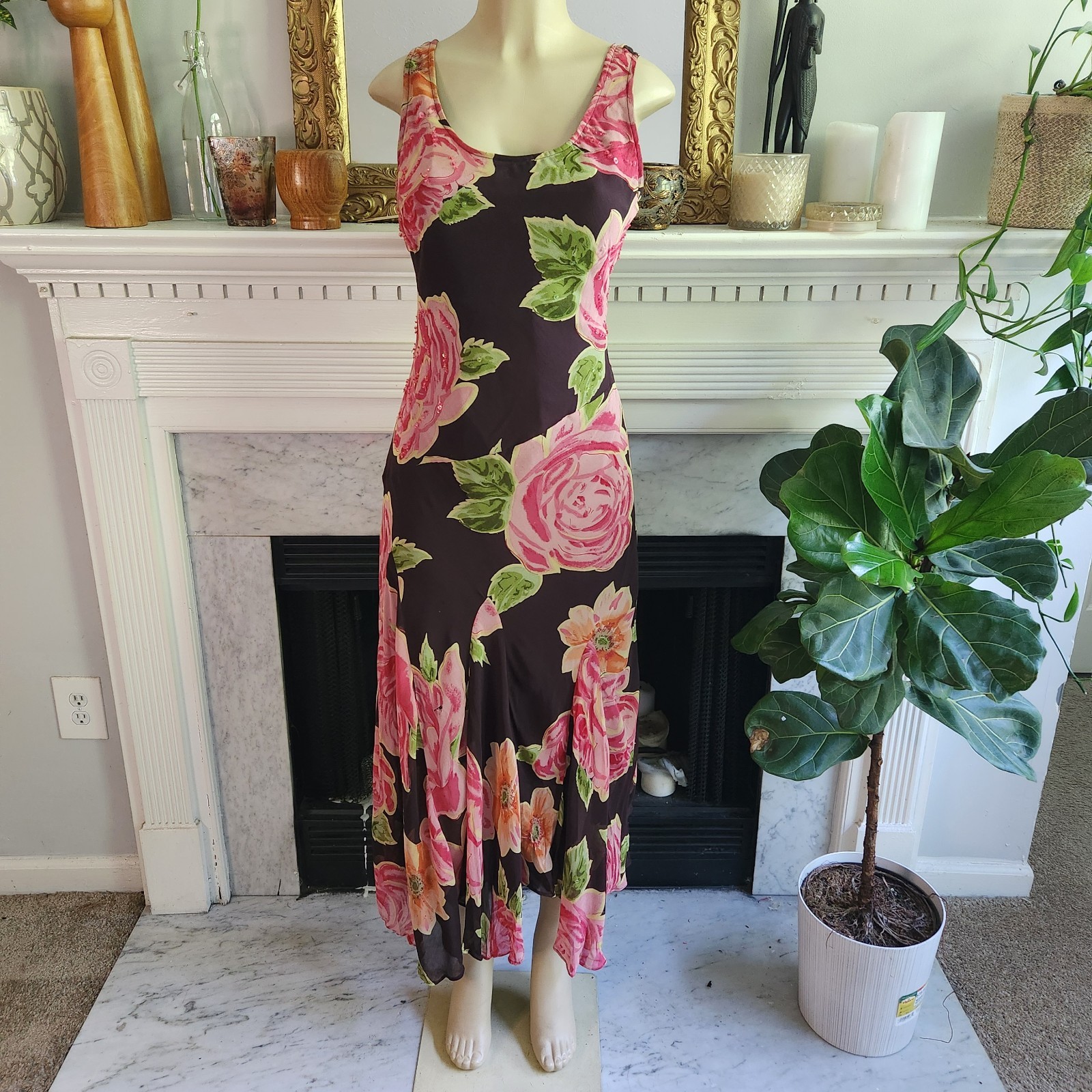 Vintage Y2K Brown Floral Tank Dress Pink Maxi Sequin Romantic Boho Size Large