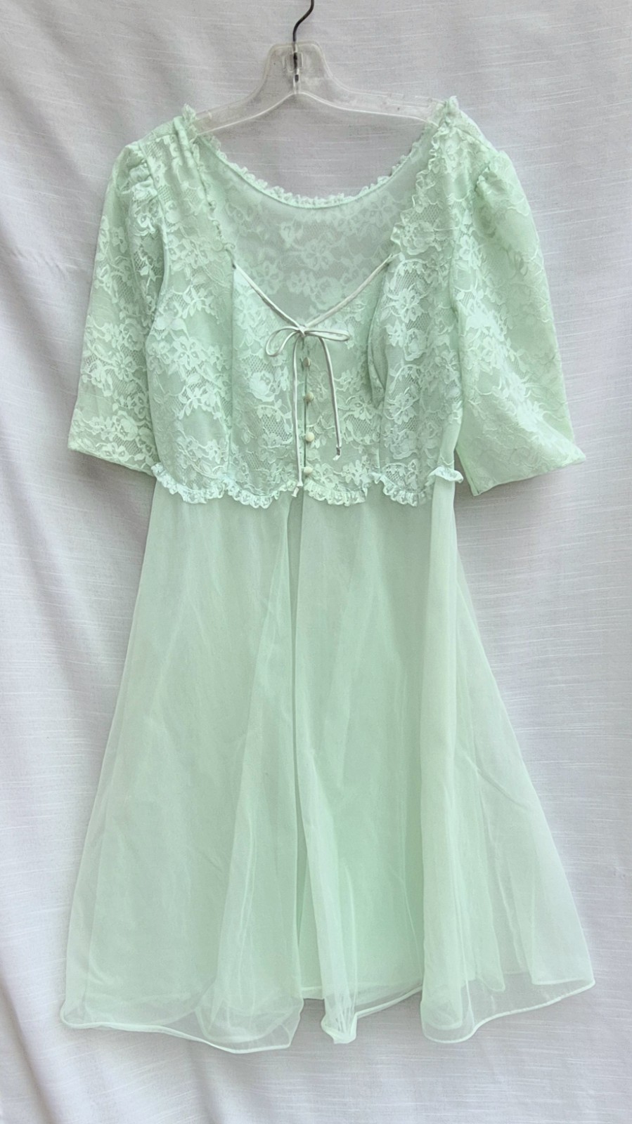 Vtg Lt Green Double Chiffon Lace Dressing Gown Peignoir Robe Vanity Fair 32 (6)