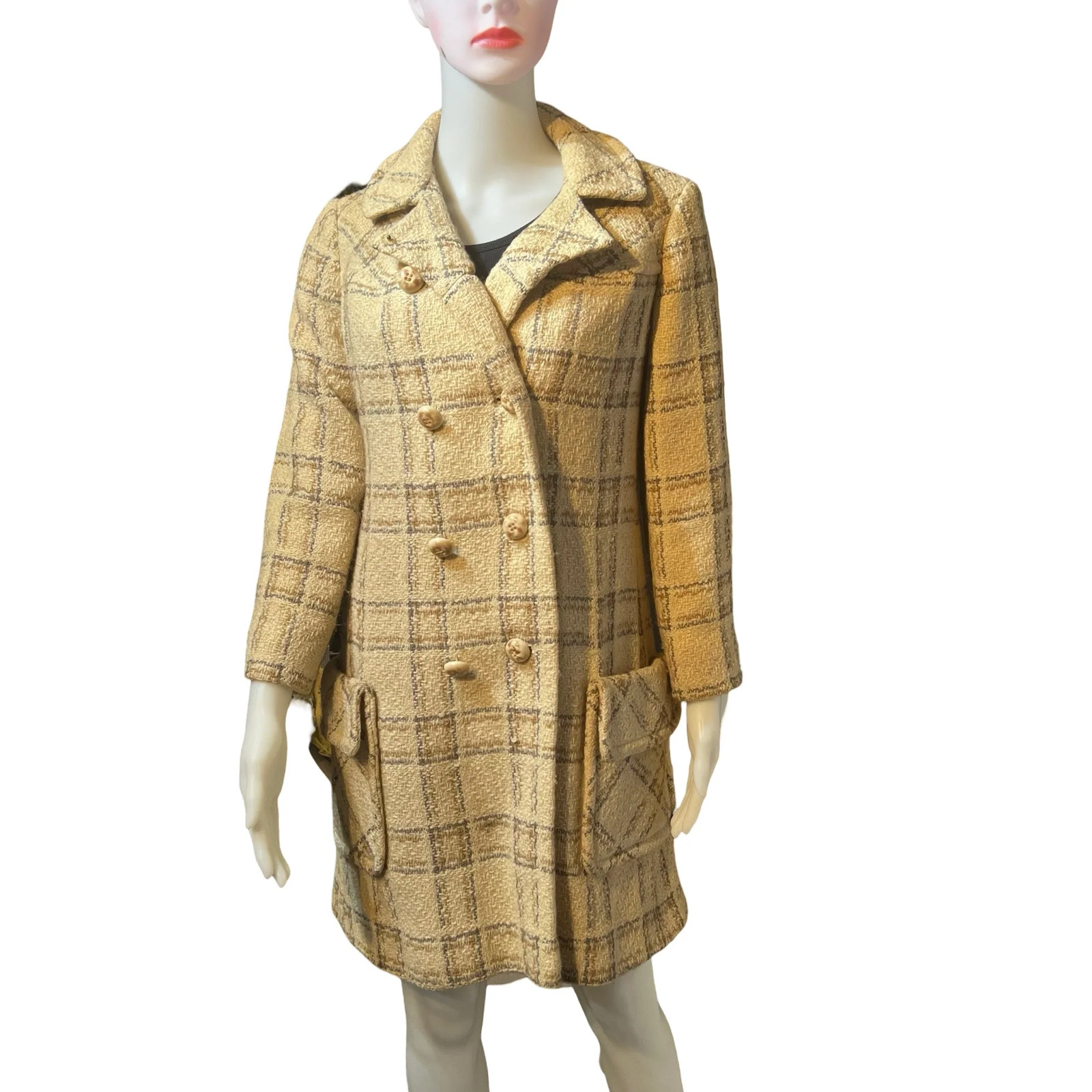 Vintage 1950s Cream Winter Coat Plaid Double Breasted VTG 50s Classic Jacket S
