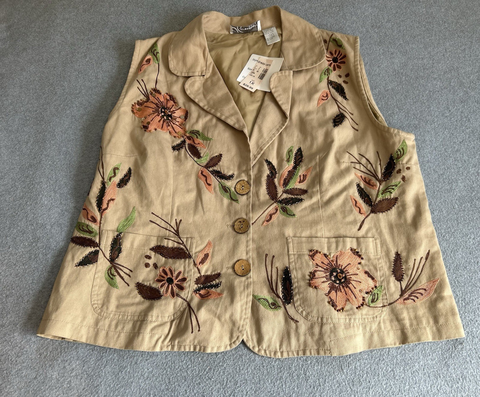 Dress Barn vintage-style tan vest With embroidered floral patterns, bohemian, 1X