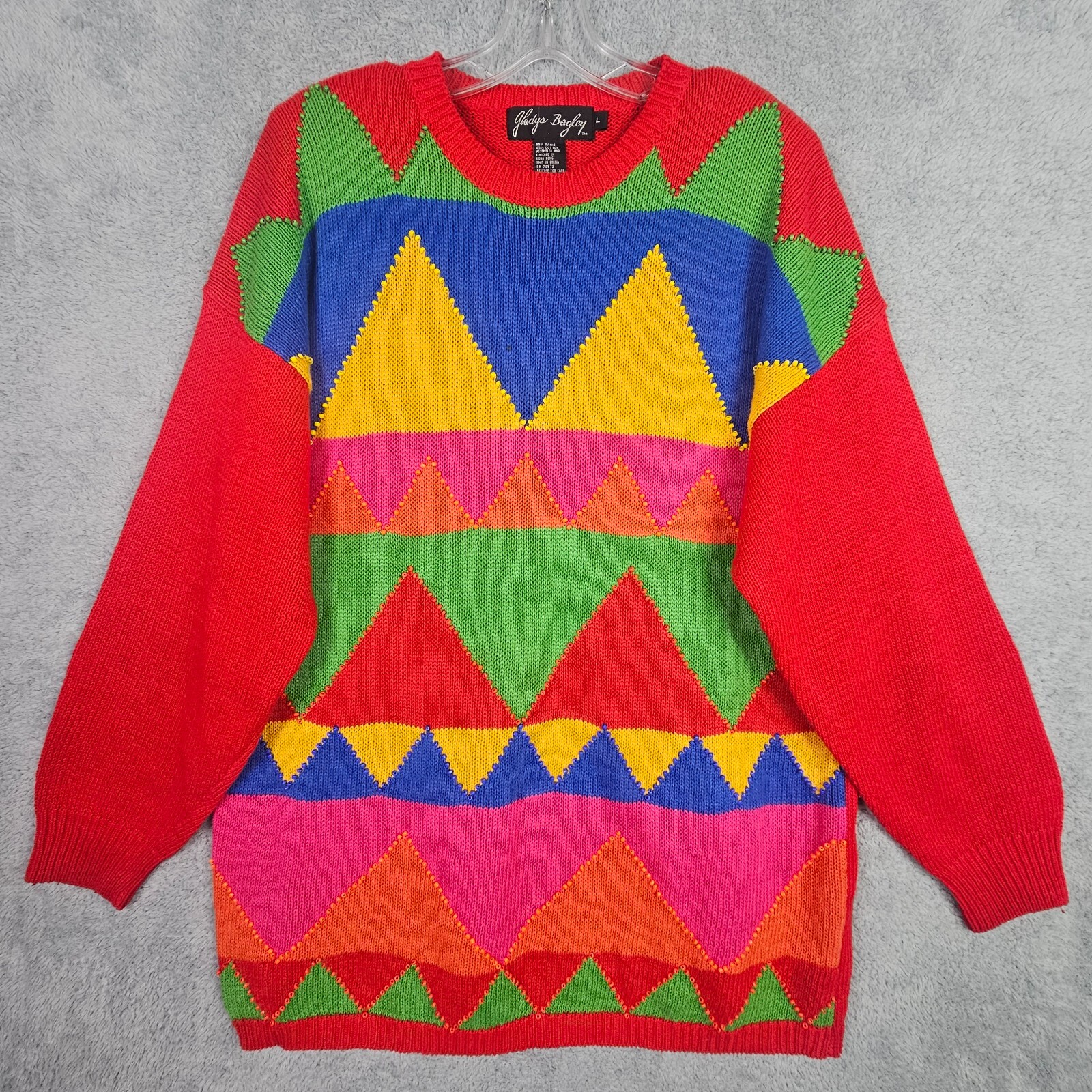 Vintage 80s Womens Sweater Large Red Hip Hop Colorblock Beaded Geometric Cotton
